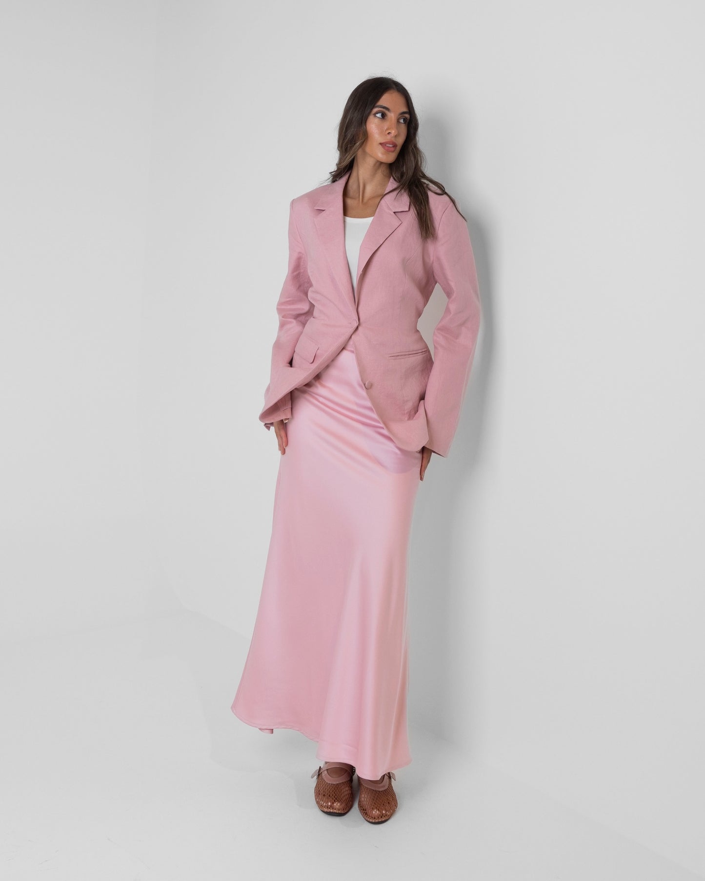 Pink Blazer & Silk Skirt Set