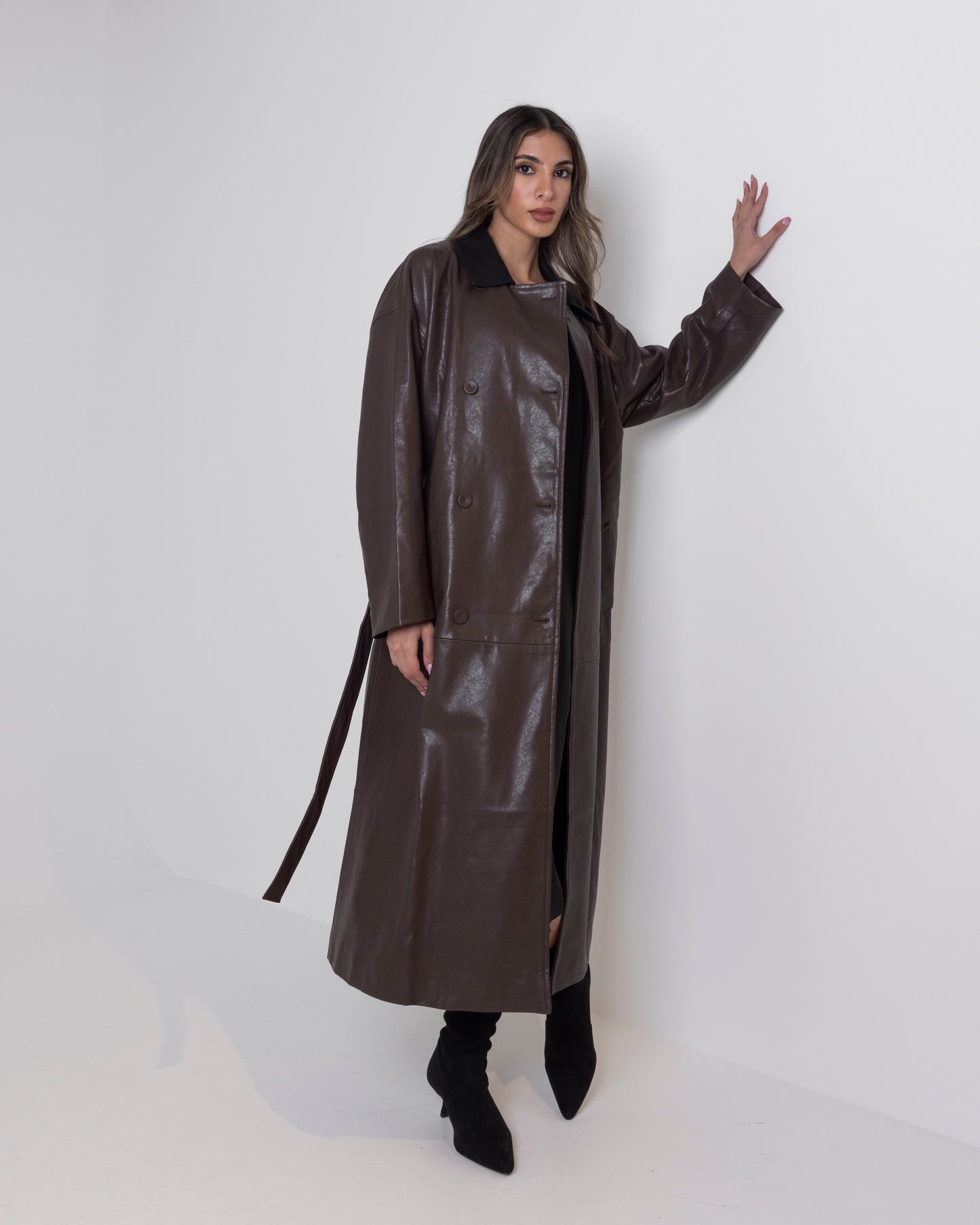 Brown Leather Trench with Black Collar