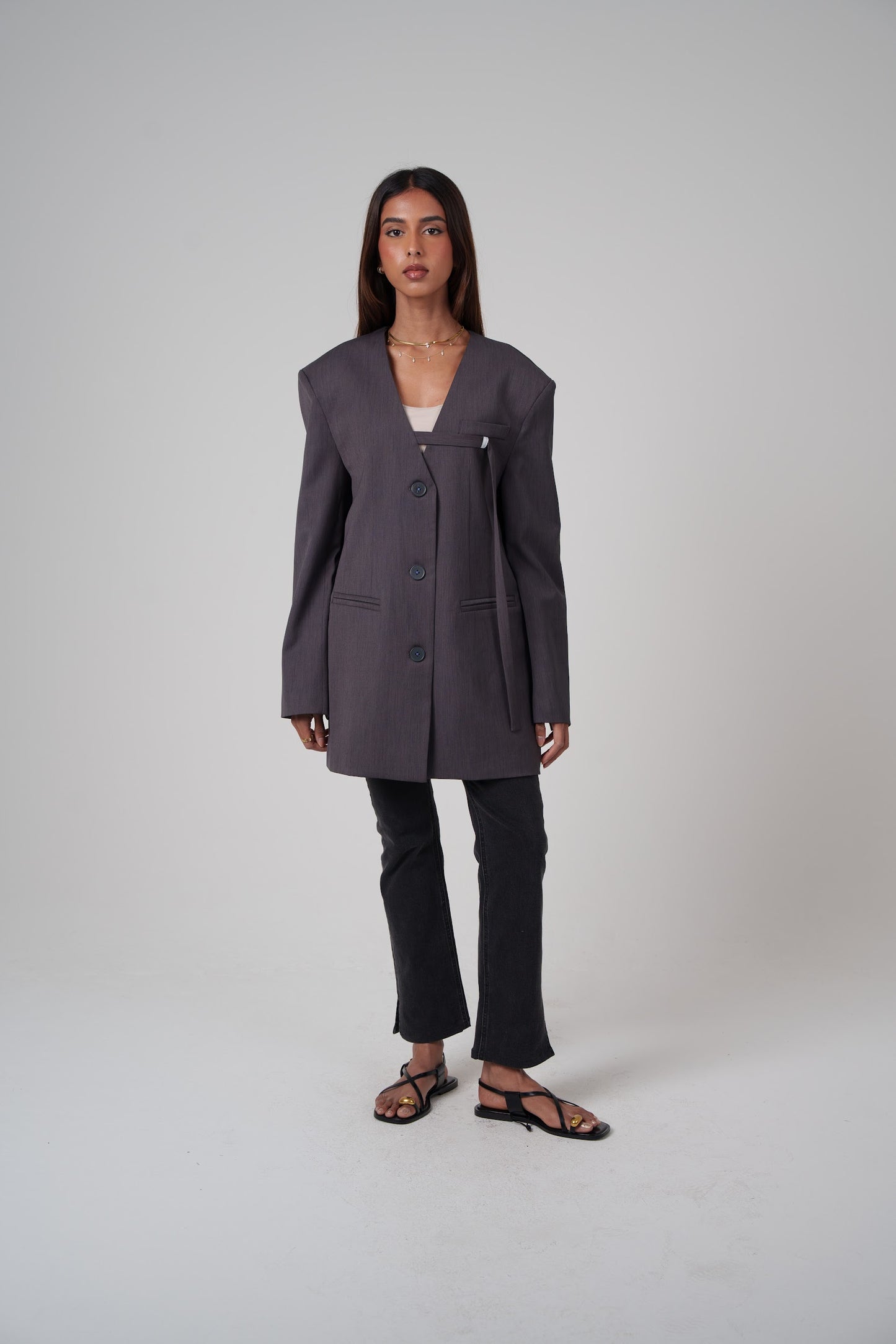 Grey Non-Collared Modern Blazer with Rope