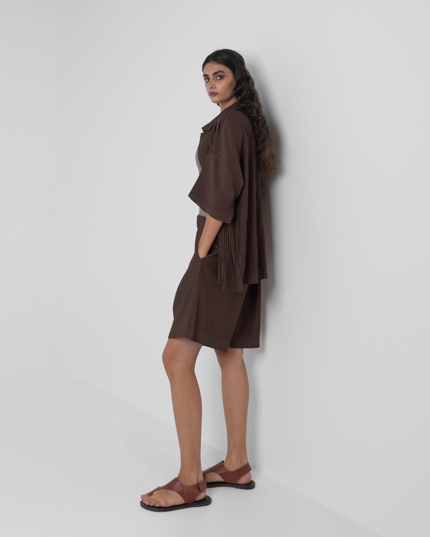 Brown Shorts & Short Sleeve Pleats Set