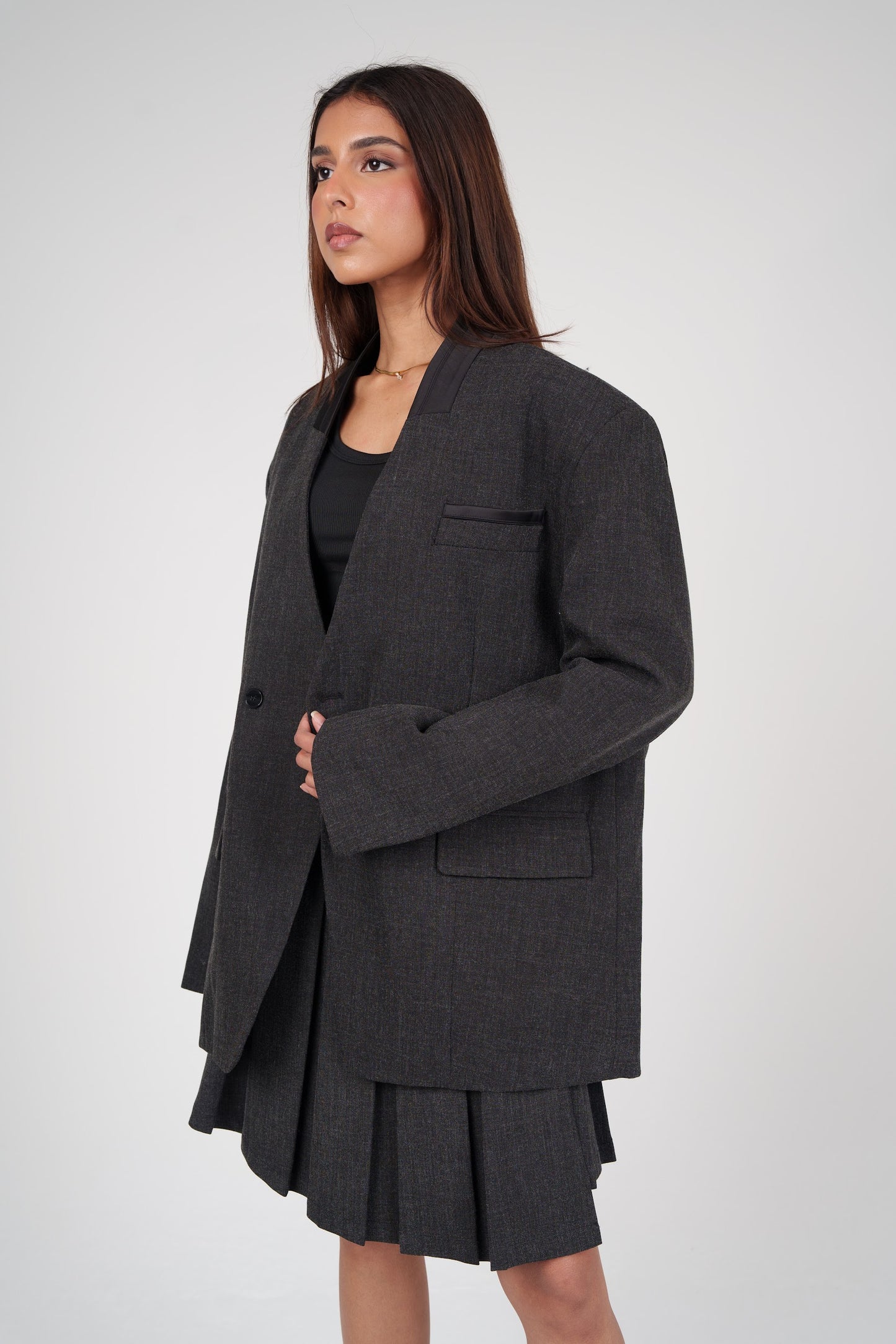 Dark Grey Pleated Skirt & Blazer Set