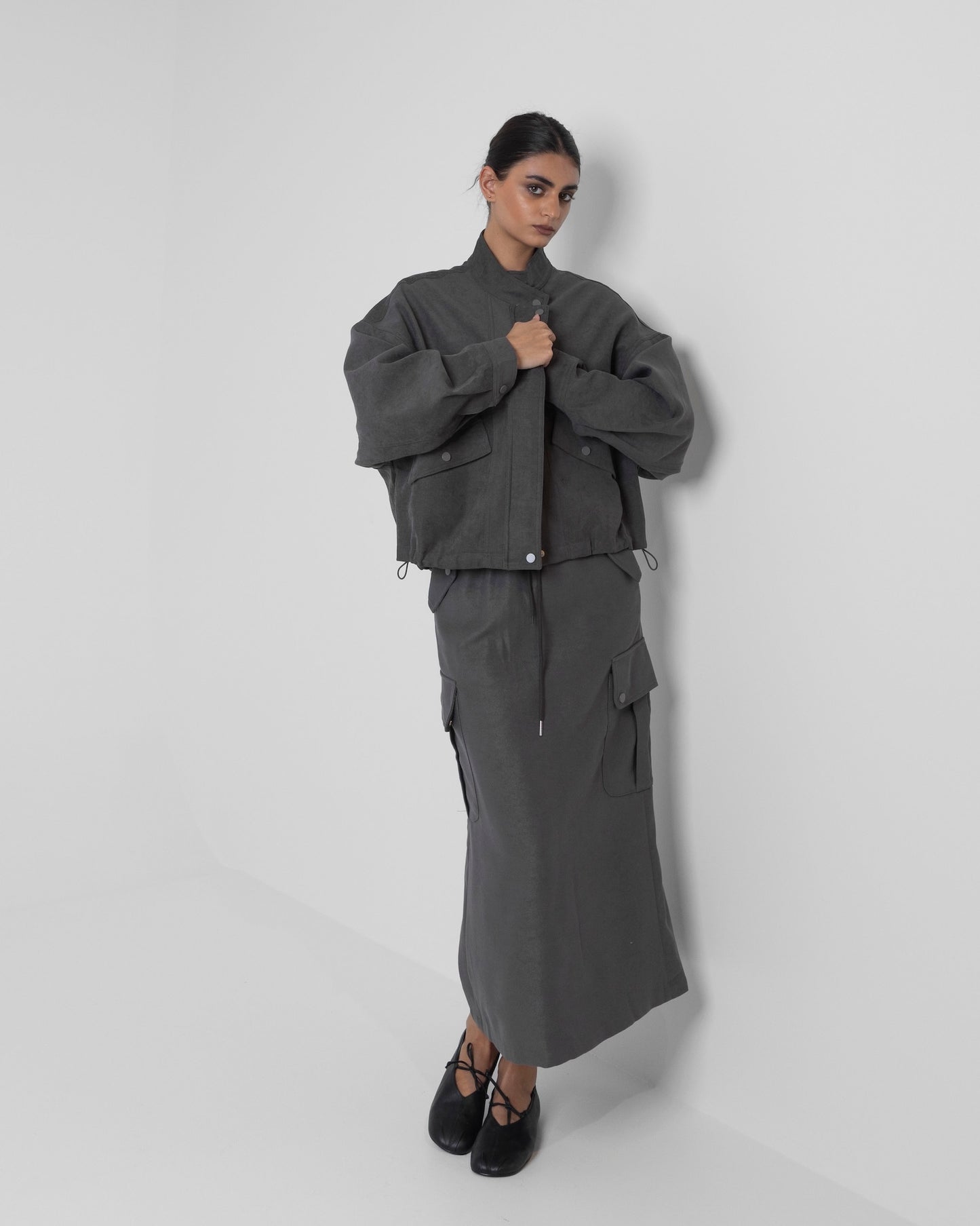 Grey Cargo Skirt Set