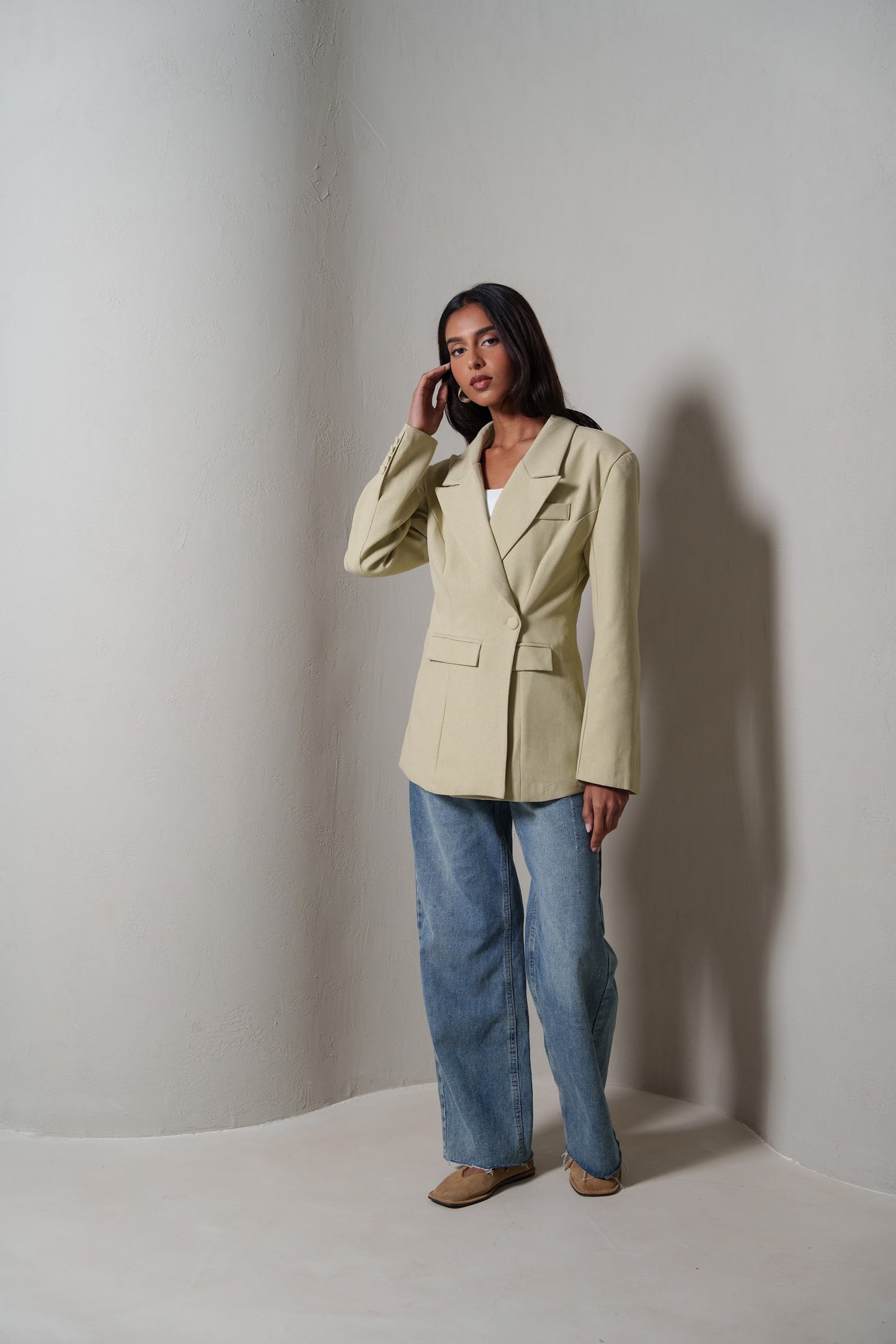 Beige Waisted Double Buttoned Blazer