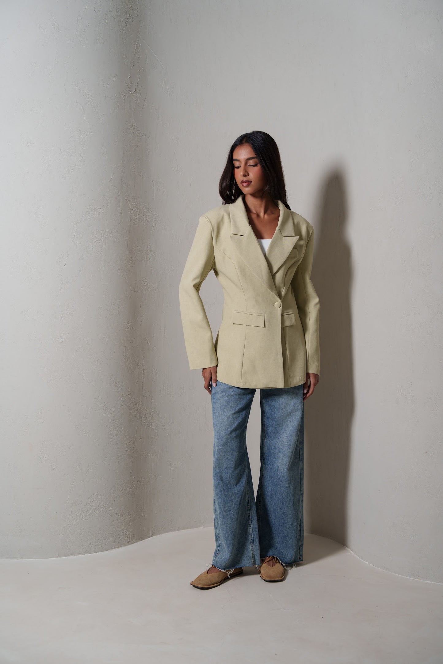 Beige Waisted Double Buttoned Blazer