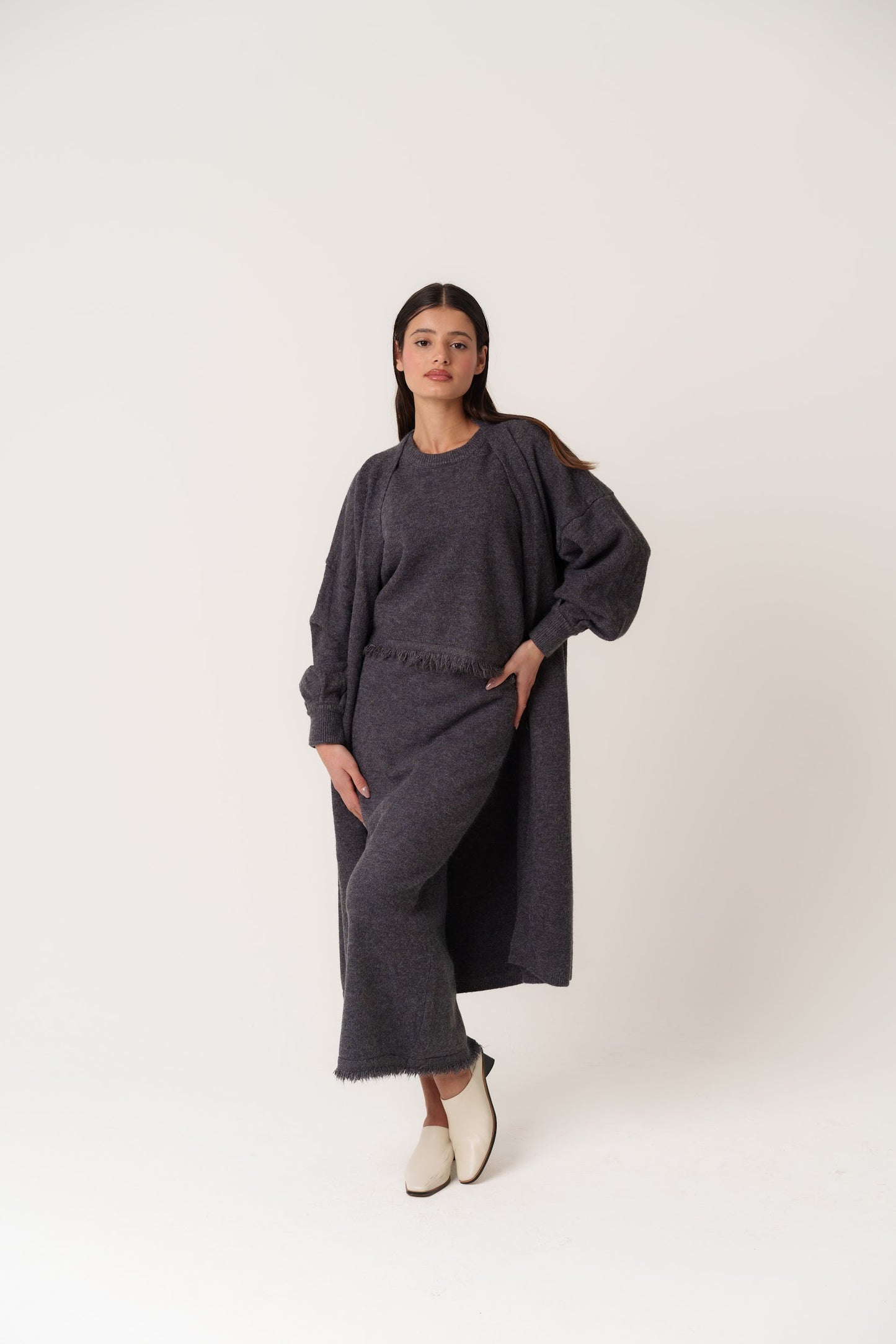 3 Piece Skirt Knit Set with Fringed Top
