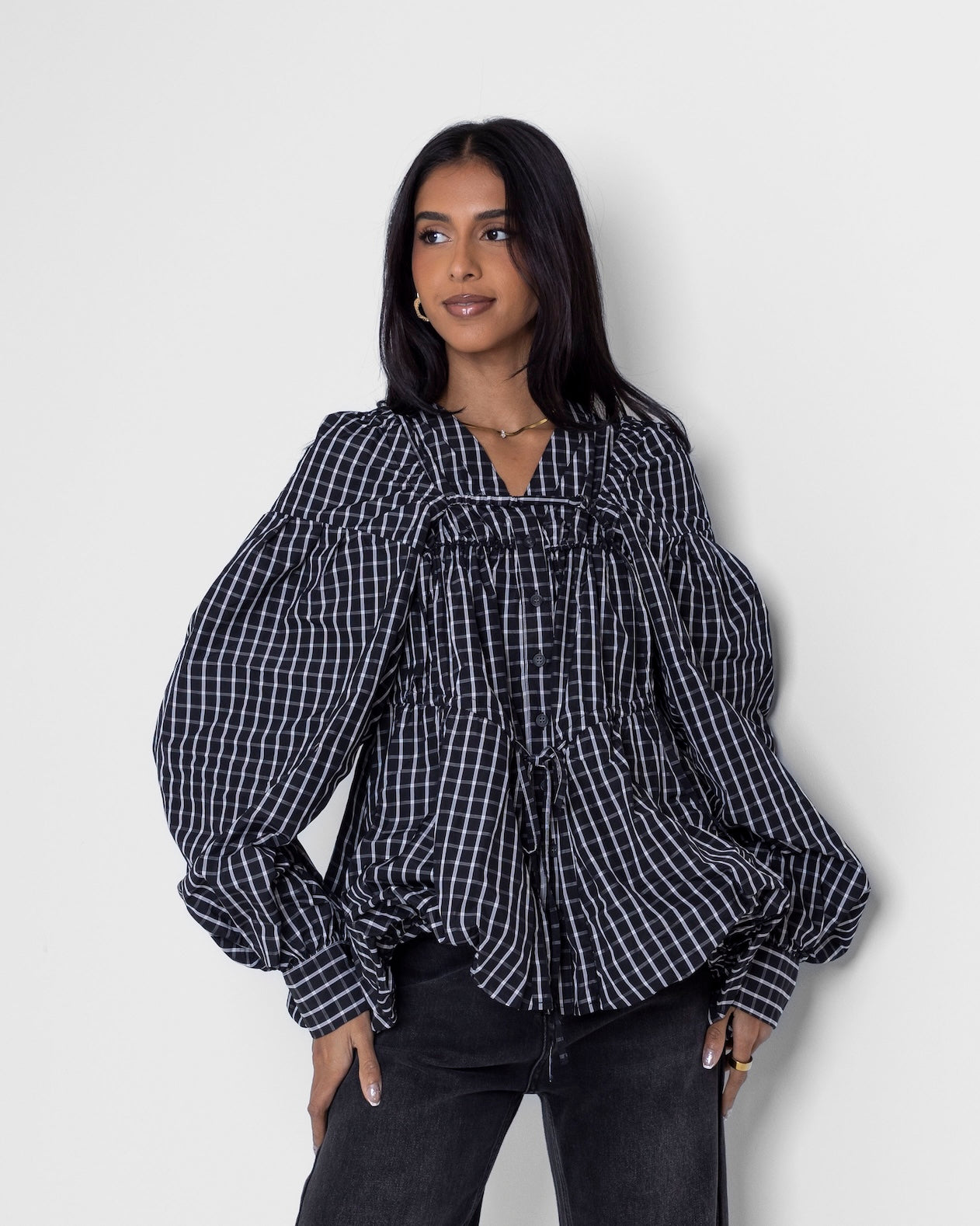 Checked Puff Blouse