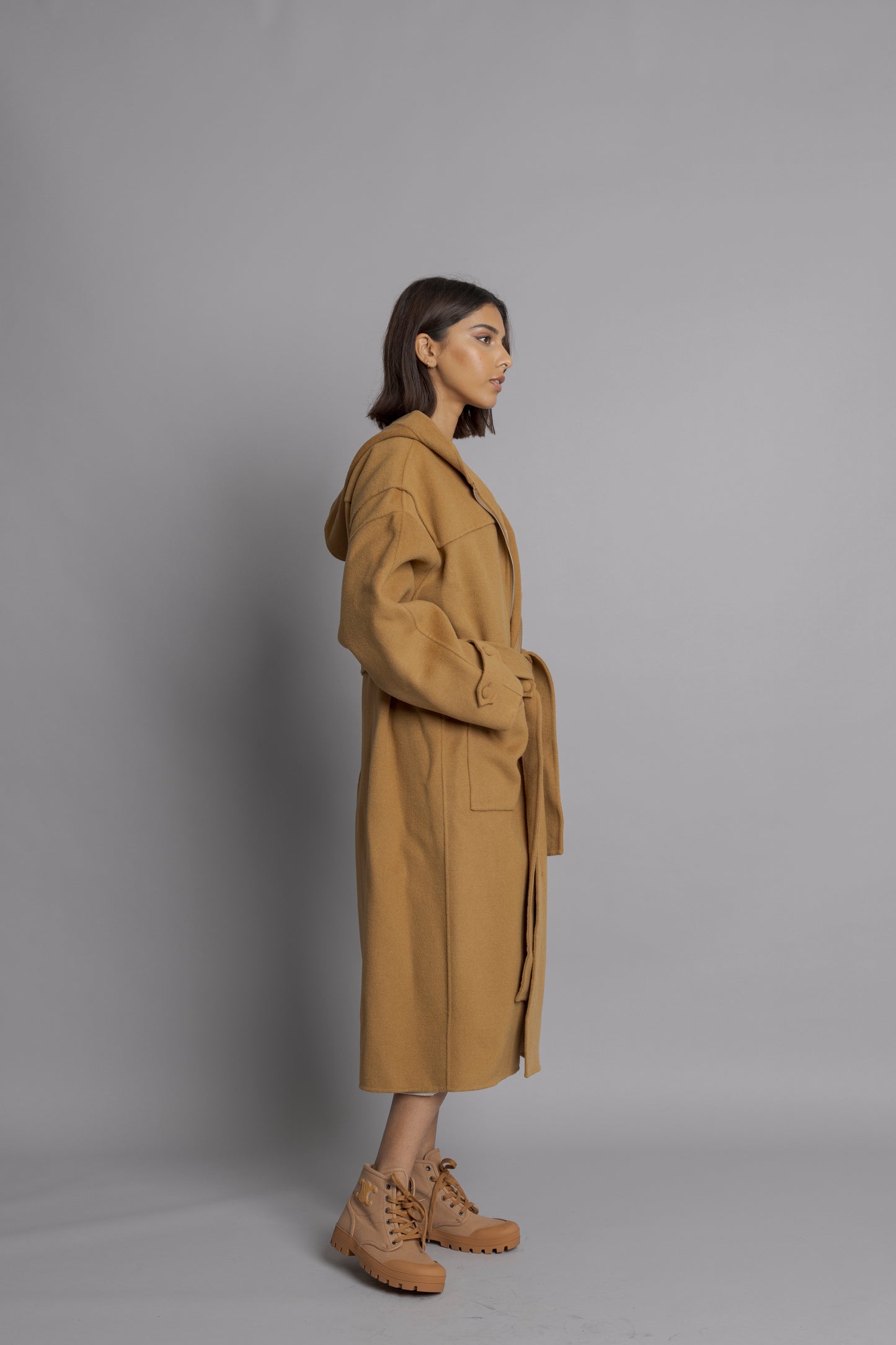 Wool Chestnut Coat with Hoodie