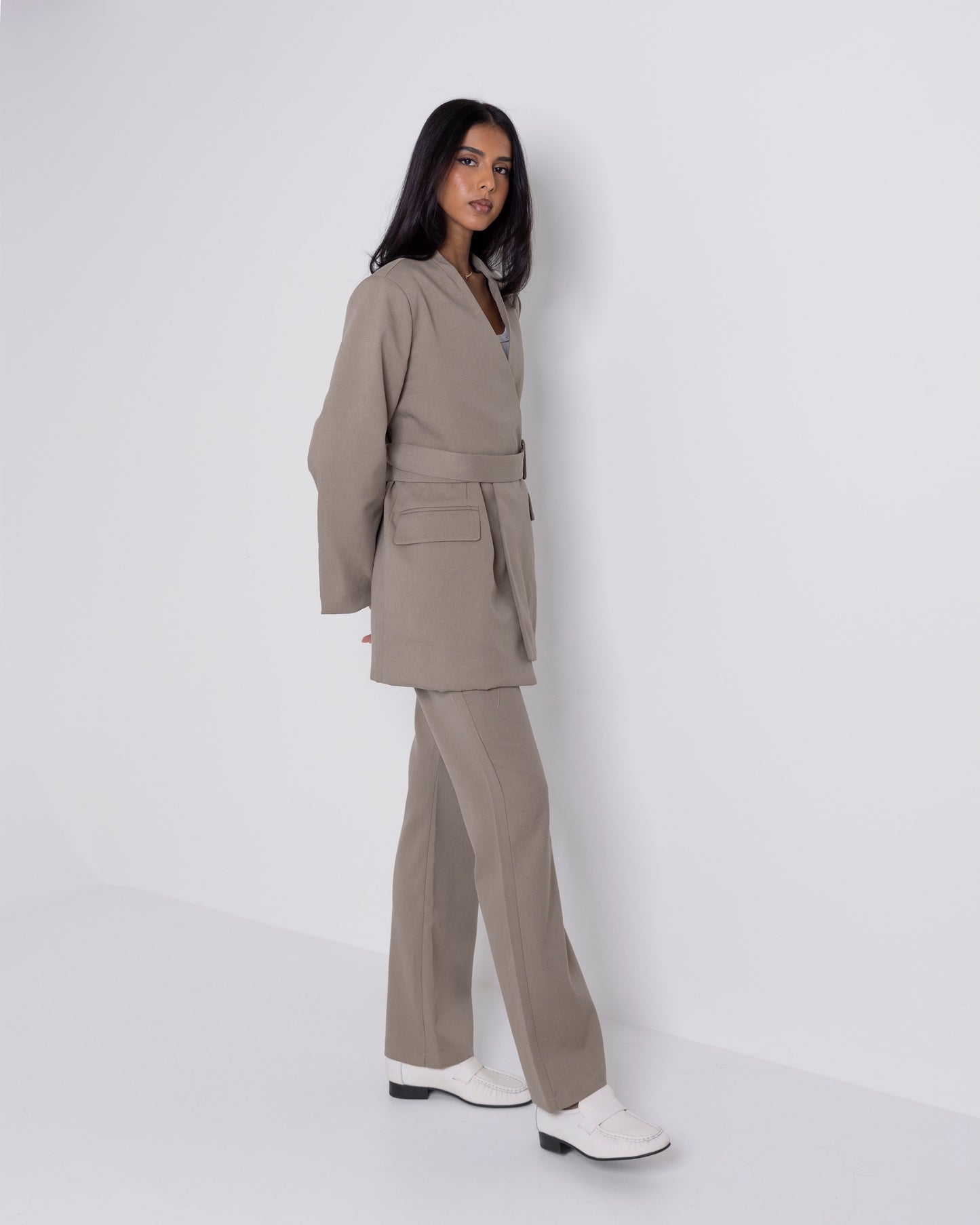 Taupe Belted Suit