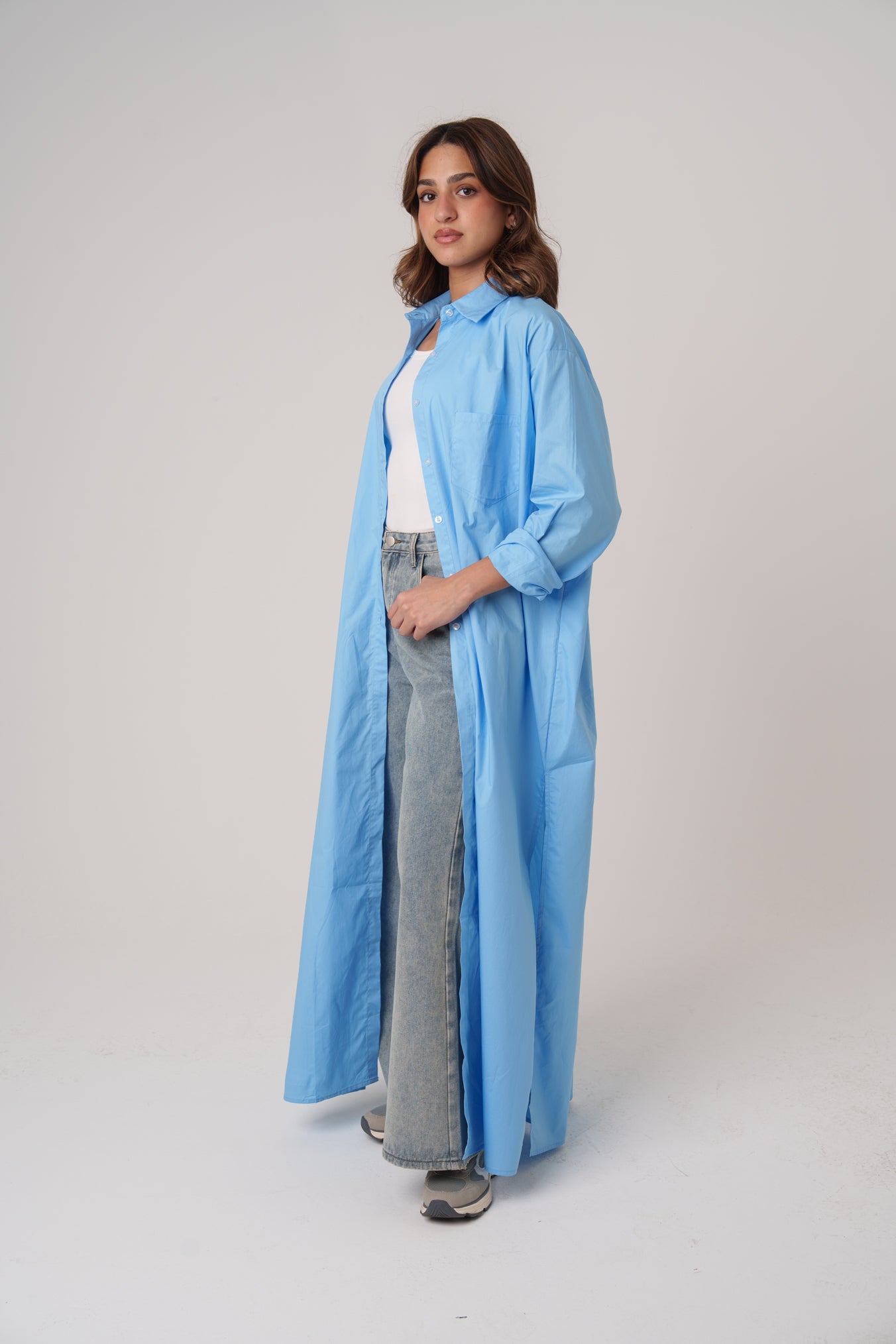 Long Poplin Blue Shirt with Slits
