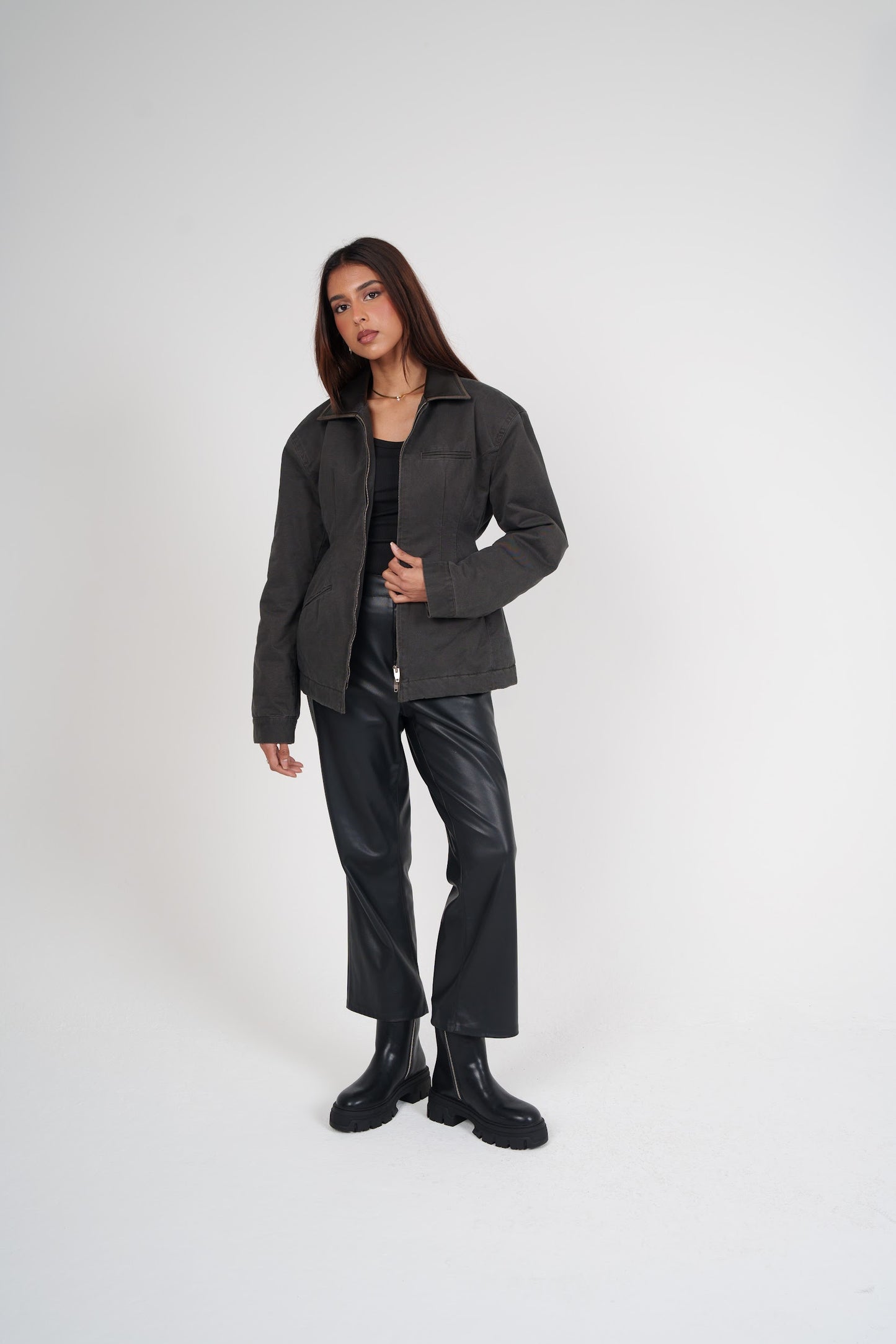 Double Zipper Cinched Denim Jacket