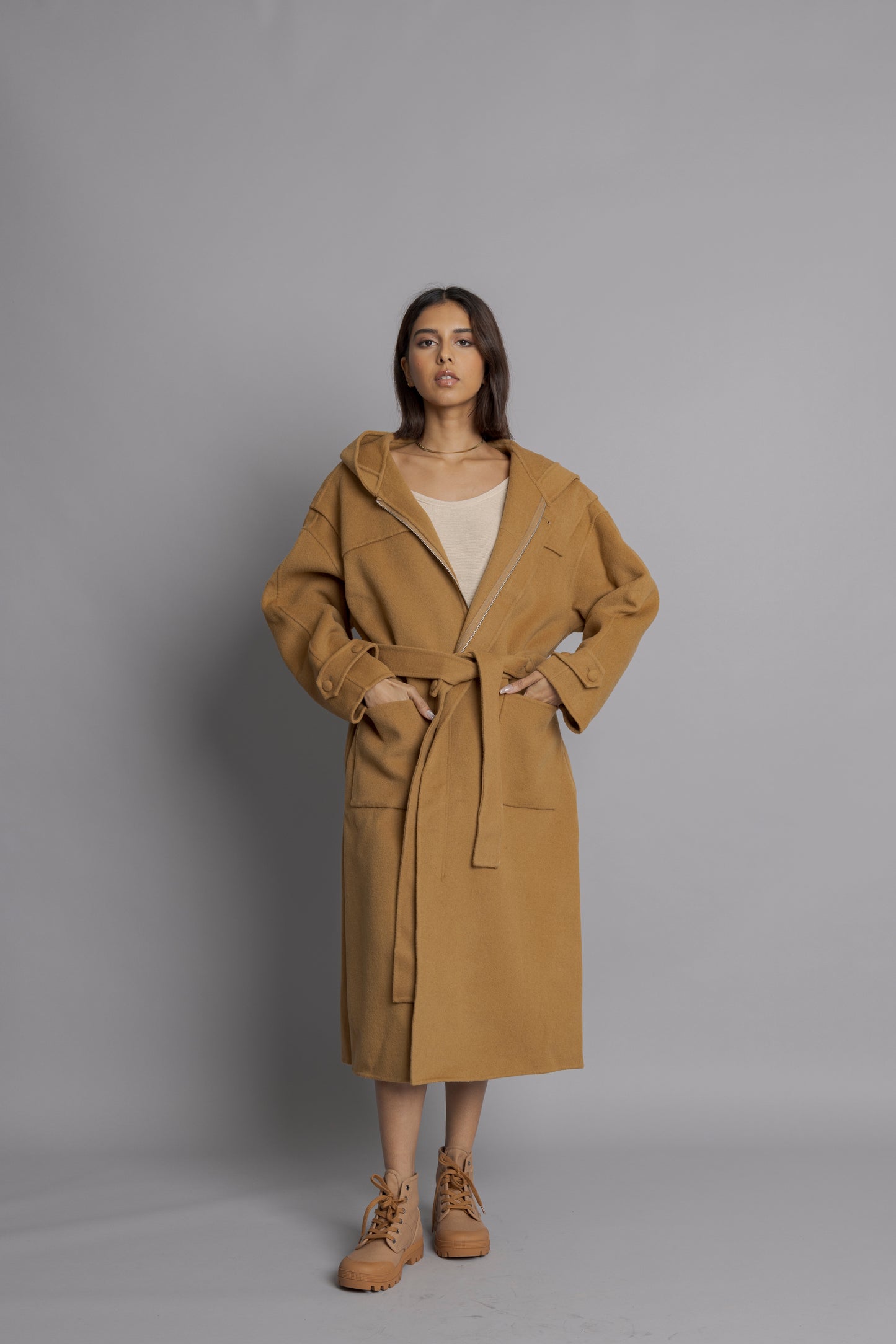 Wool Chestnut Coat with Hoodie