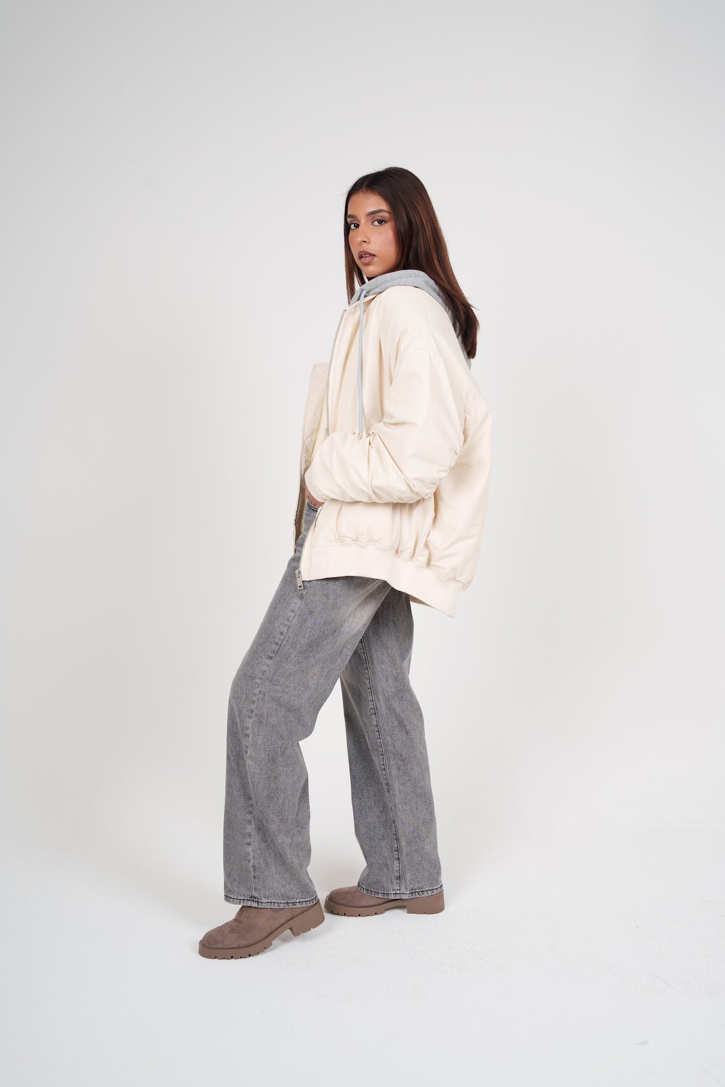 White Bomber with Grey Hoodie