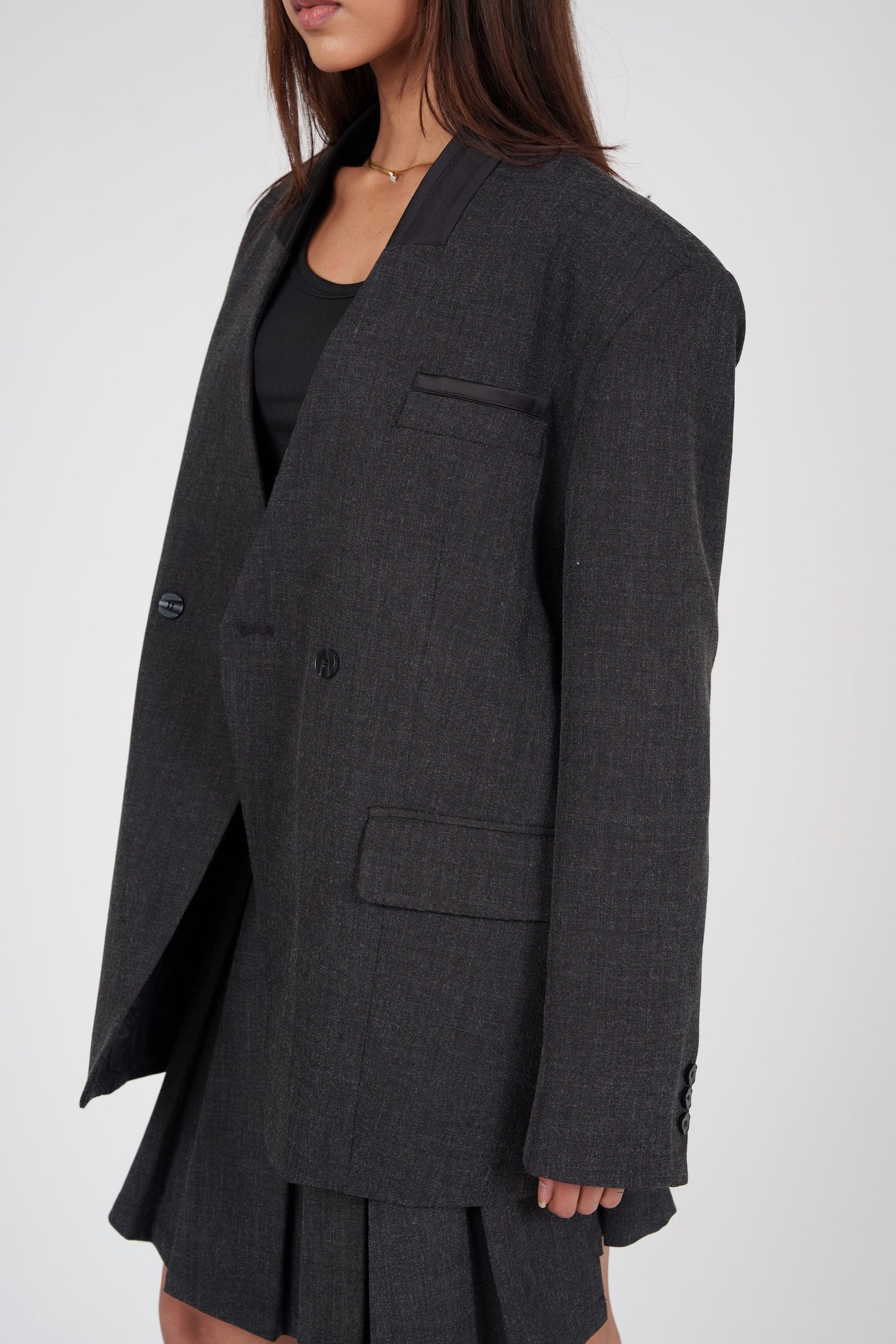 Dark Grey Pleated Skirt & Blazer Set