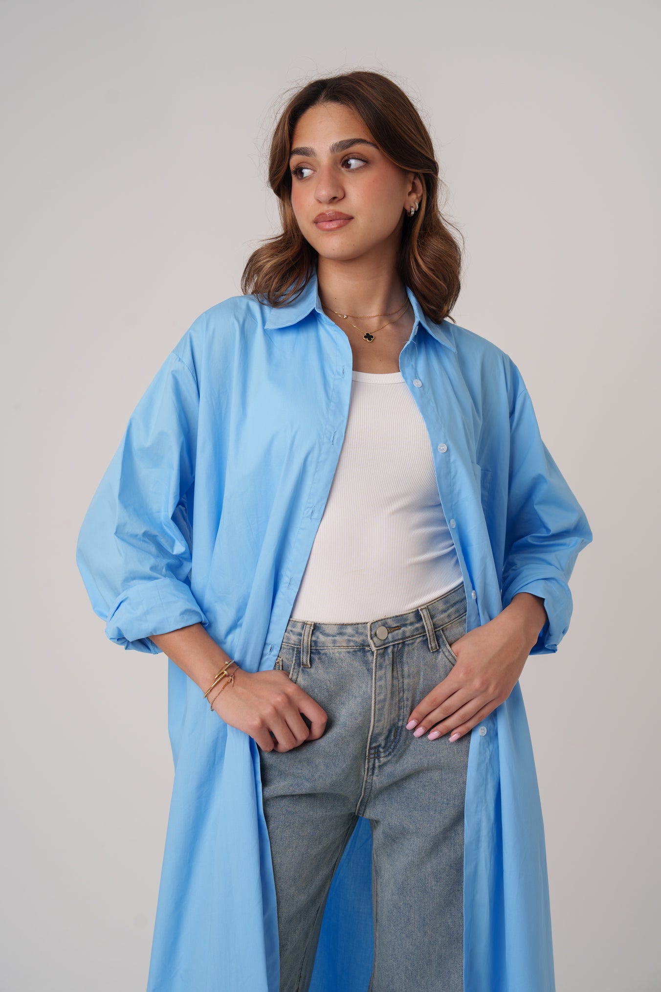 Long Poplin Blue Shirt with Slits