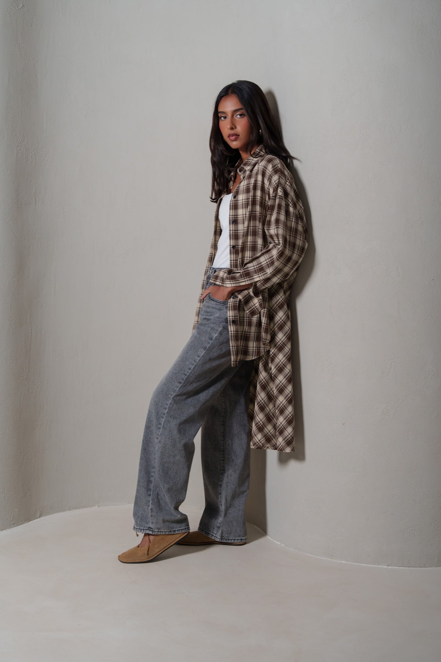 Brown Plaid Asymmetrical Shirt
