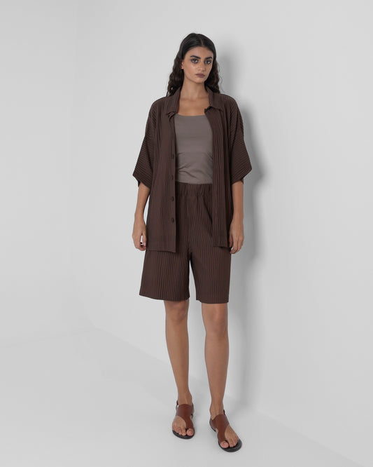Brown Shorts & Short Sleeve Pleats Set