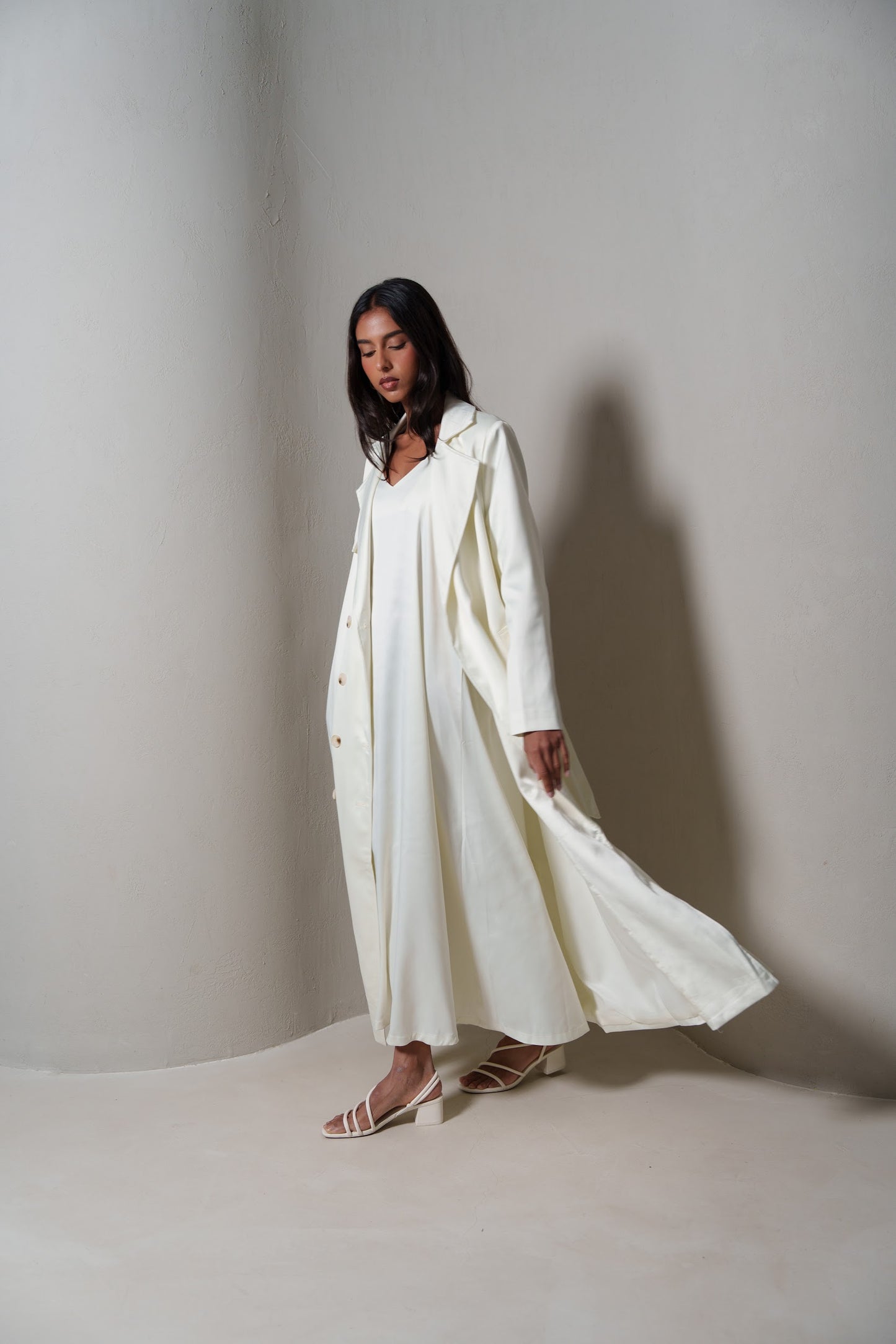 Crème Silk Long Blazer/Trench Set