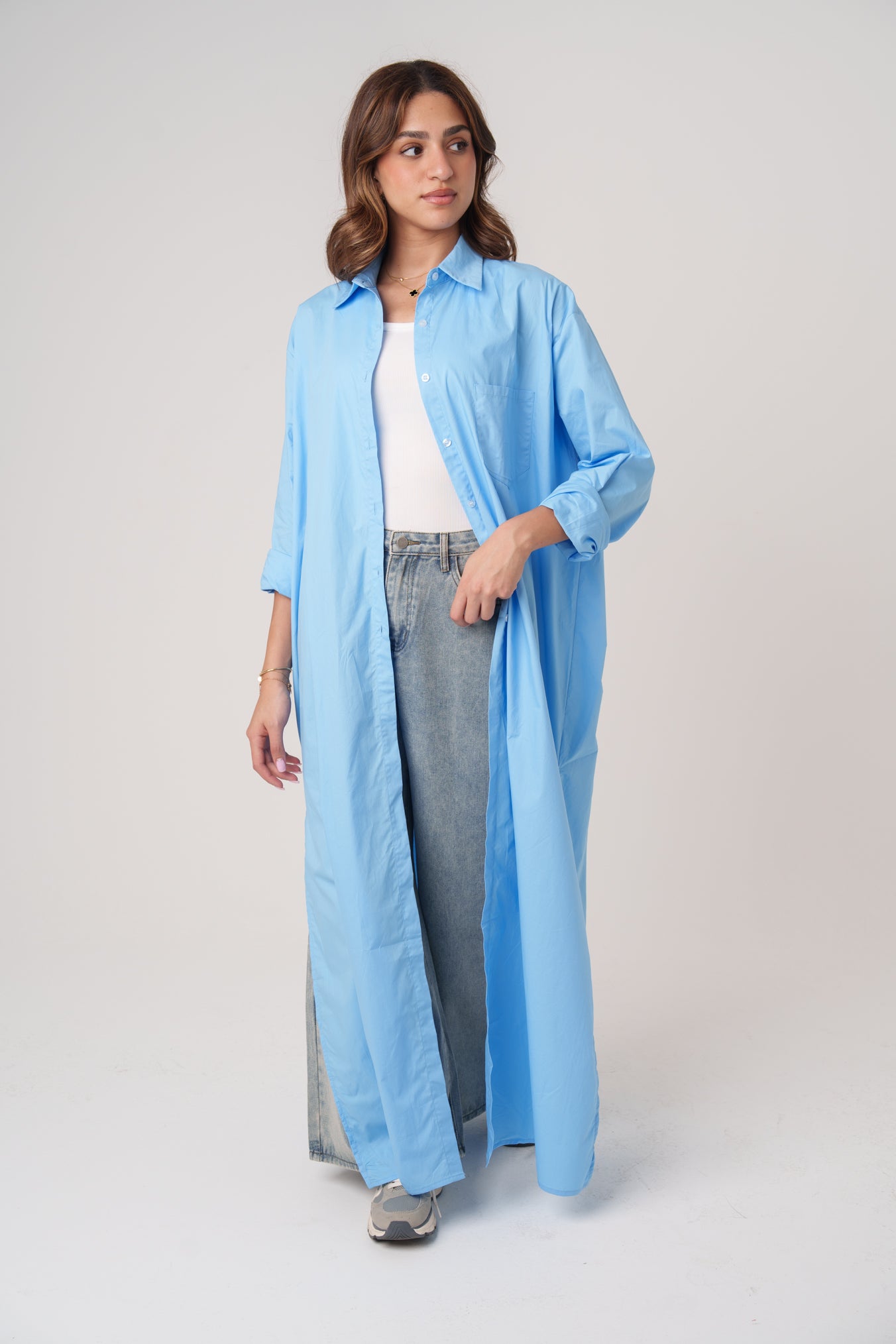 Long Poplin Blue Shirt with Slits