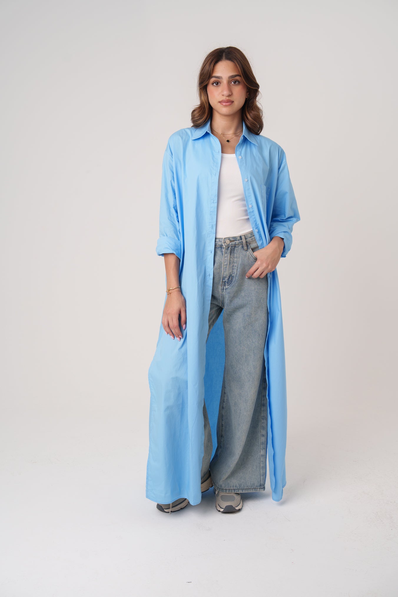 Long Poplin Blue Shirt with Slits