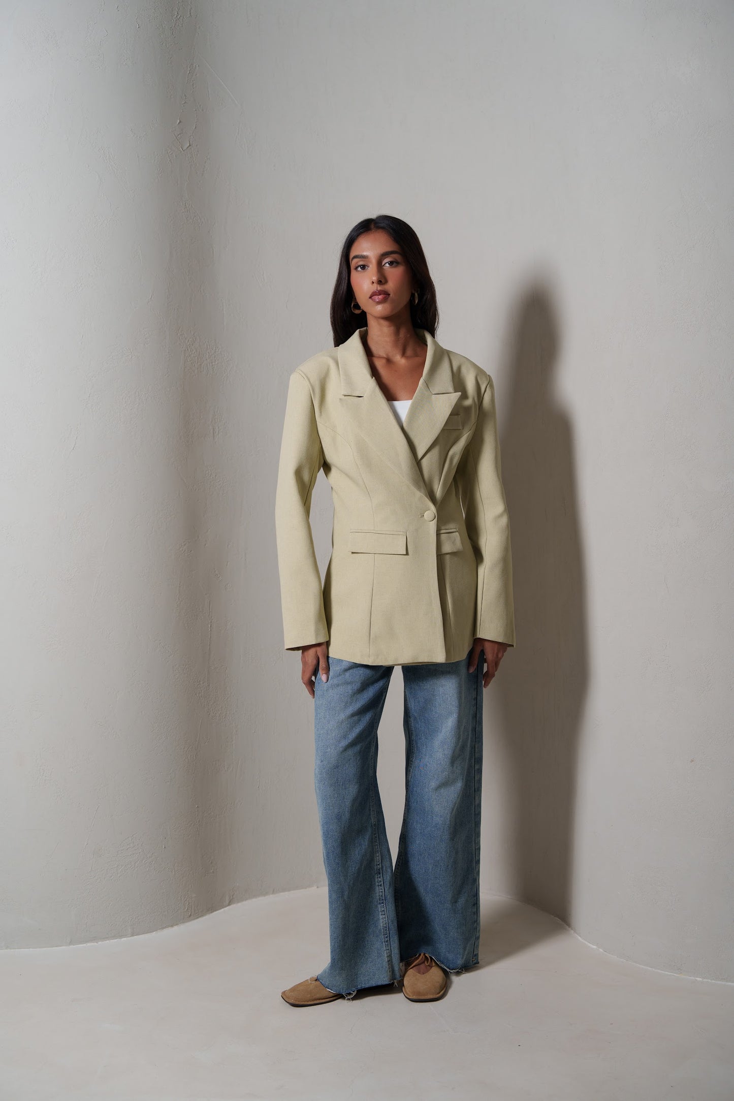 Beige Waisted Double Buttoned Blazer