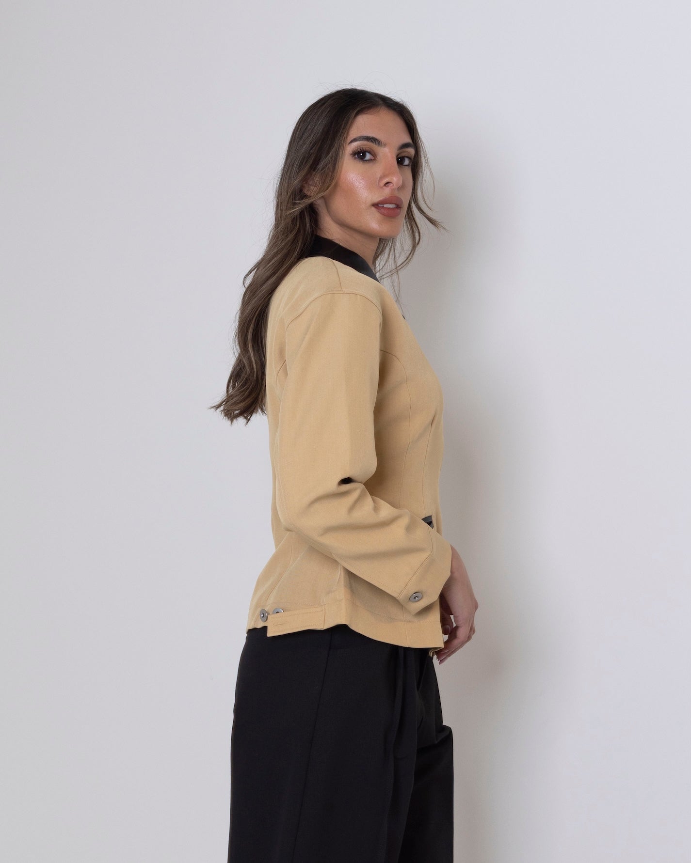 Beige/Yellow Waisted Jacket with Leather Collar