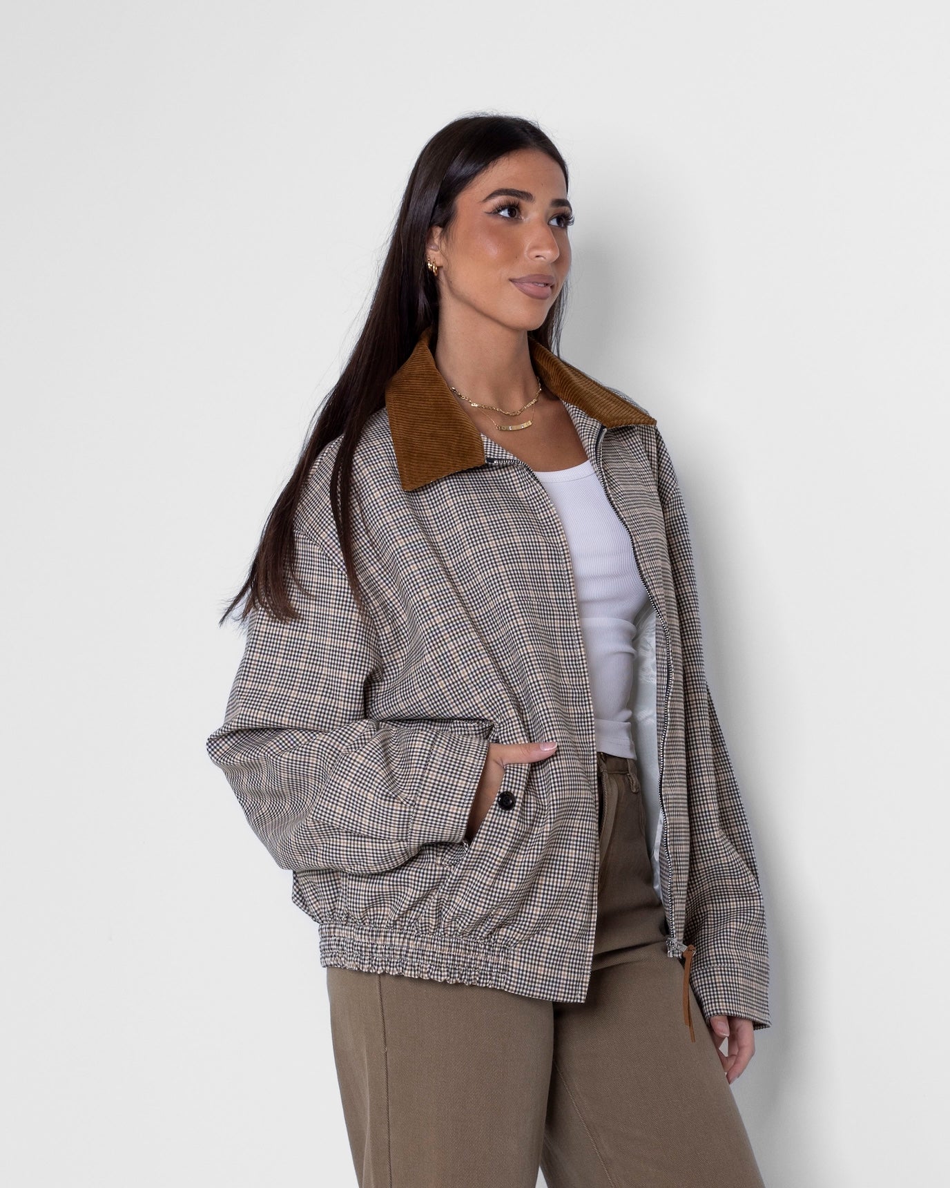 Checked Jacket with Corduroy Collar