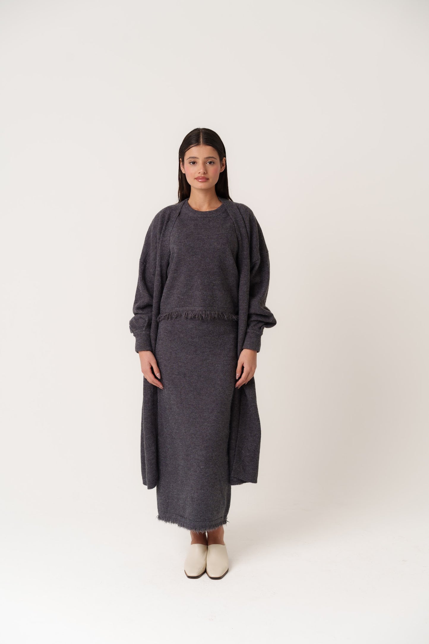 3 Piece Skirt Knit Set with Fringed Top