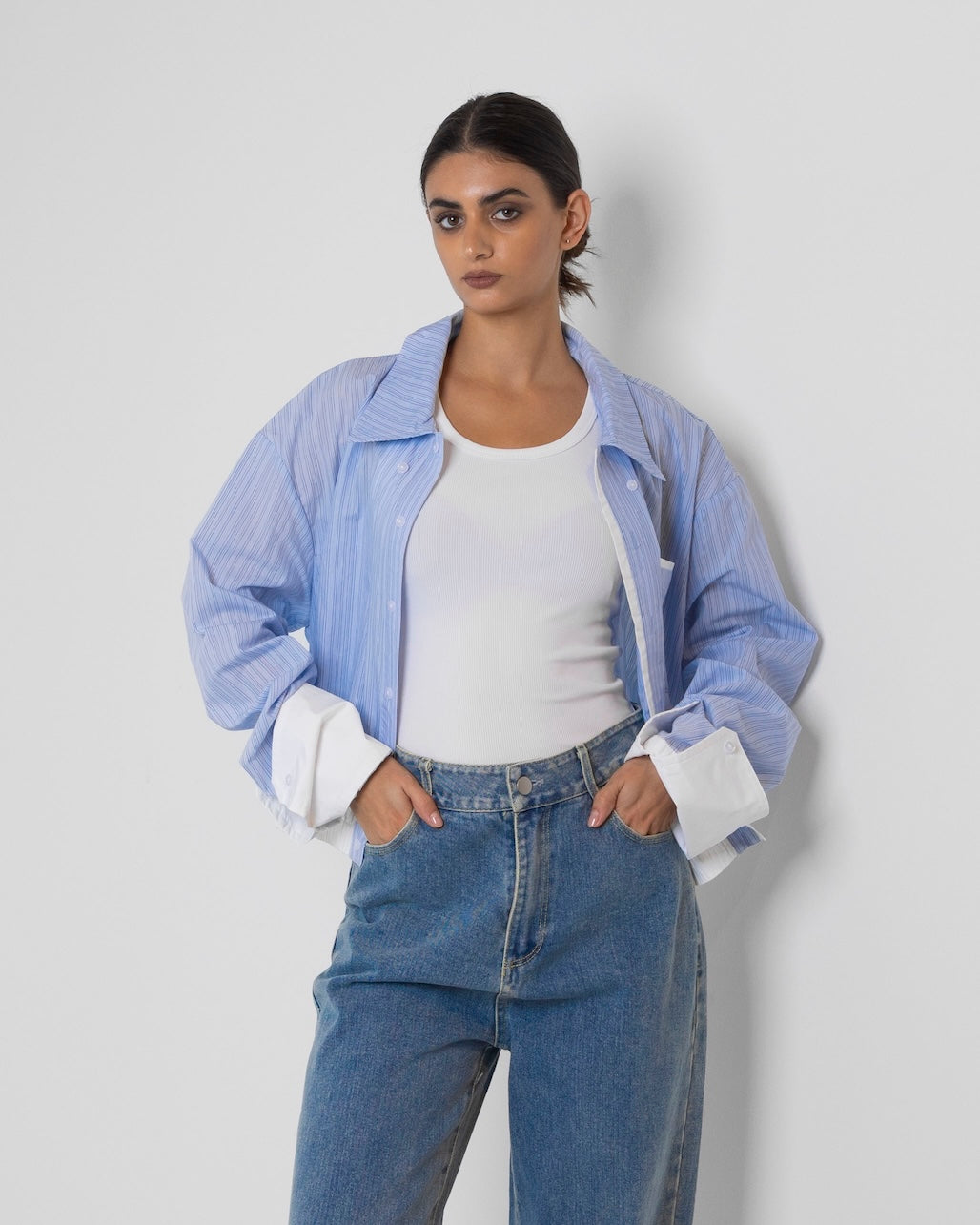 Cropped Bomber-like Striped Blue Shirt