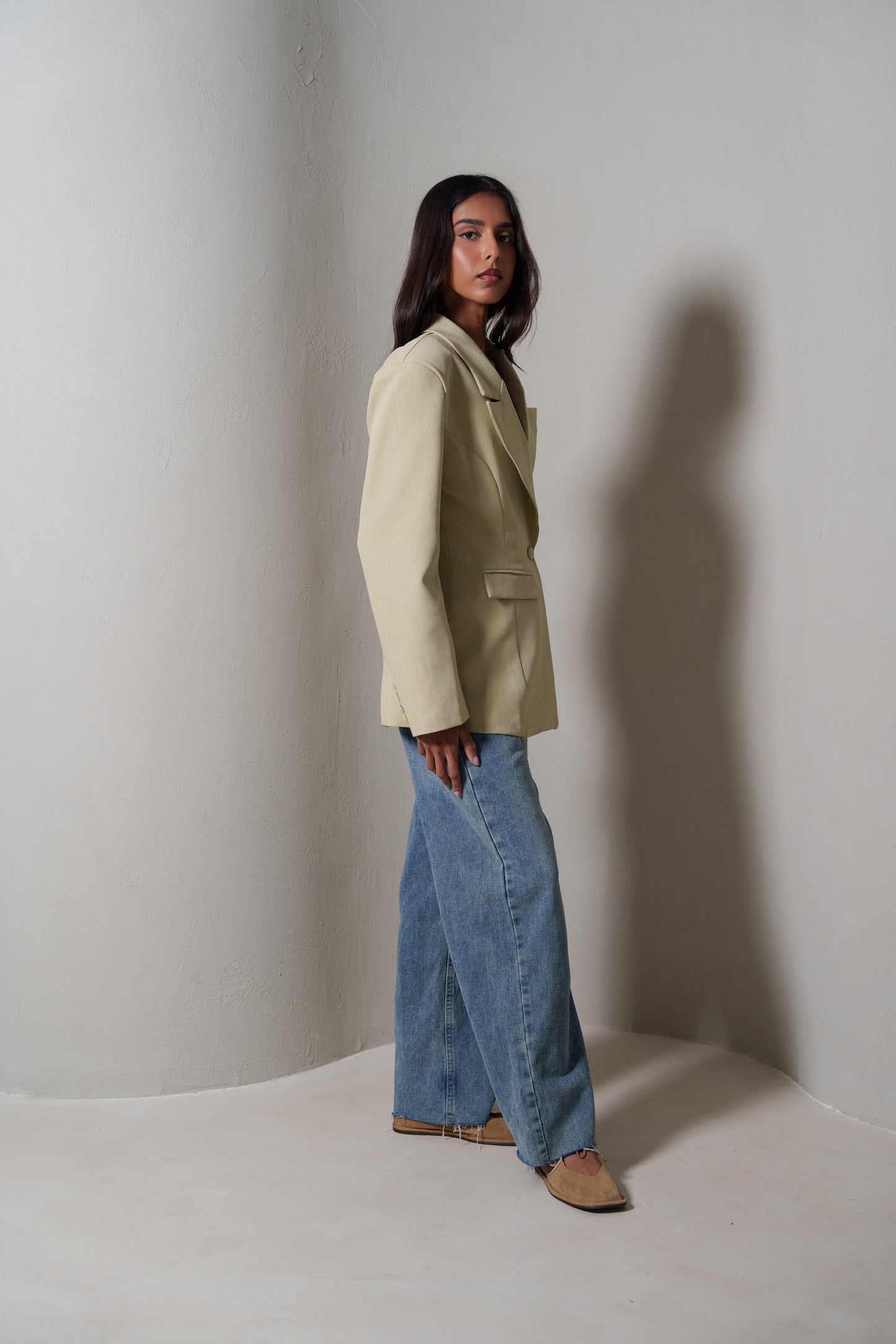 Beige Waisted Double Buttoned Blazer
