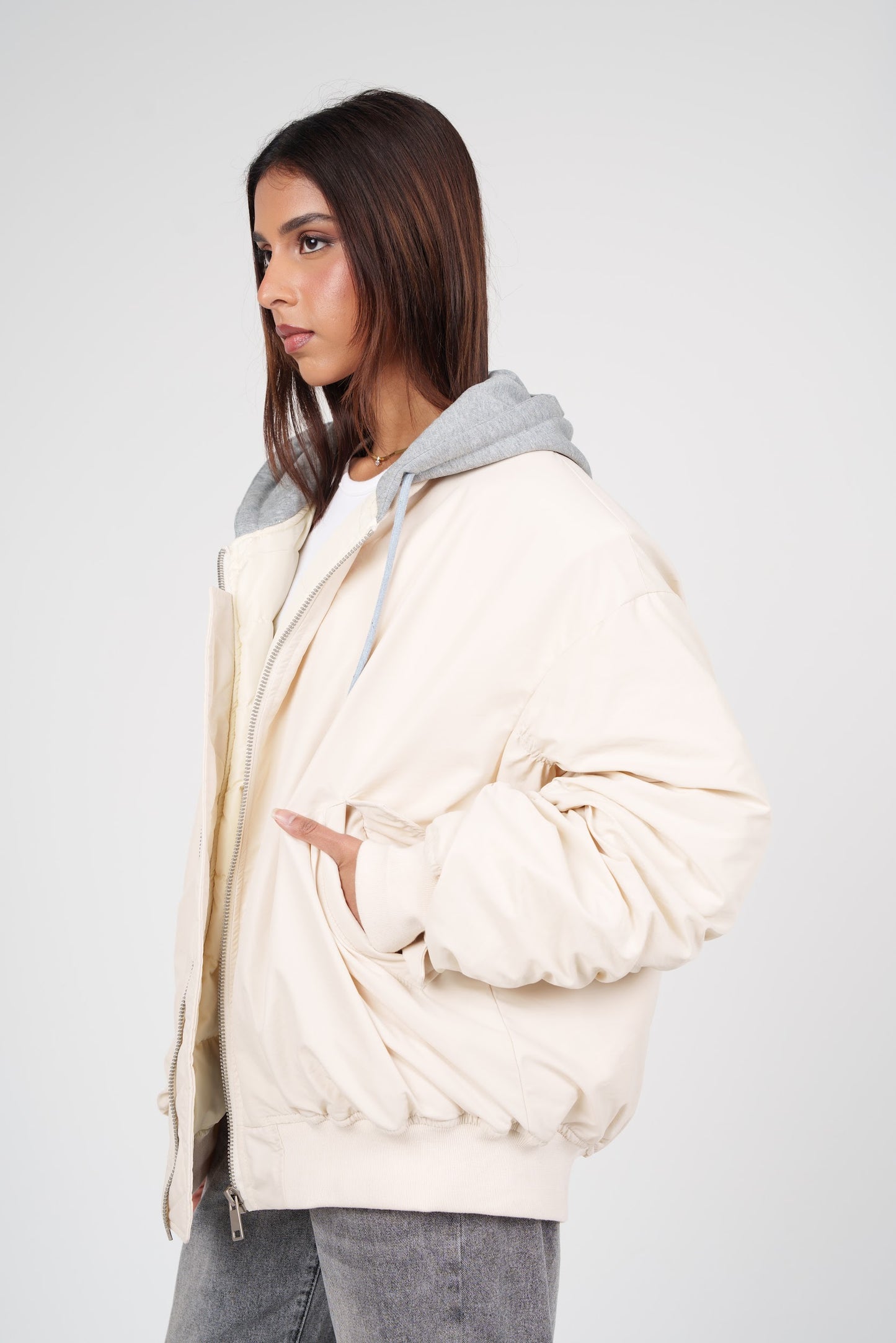 White Bomber with Grey Hoodie