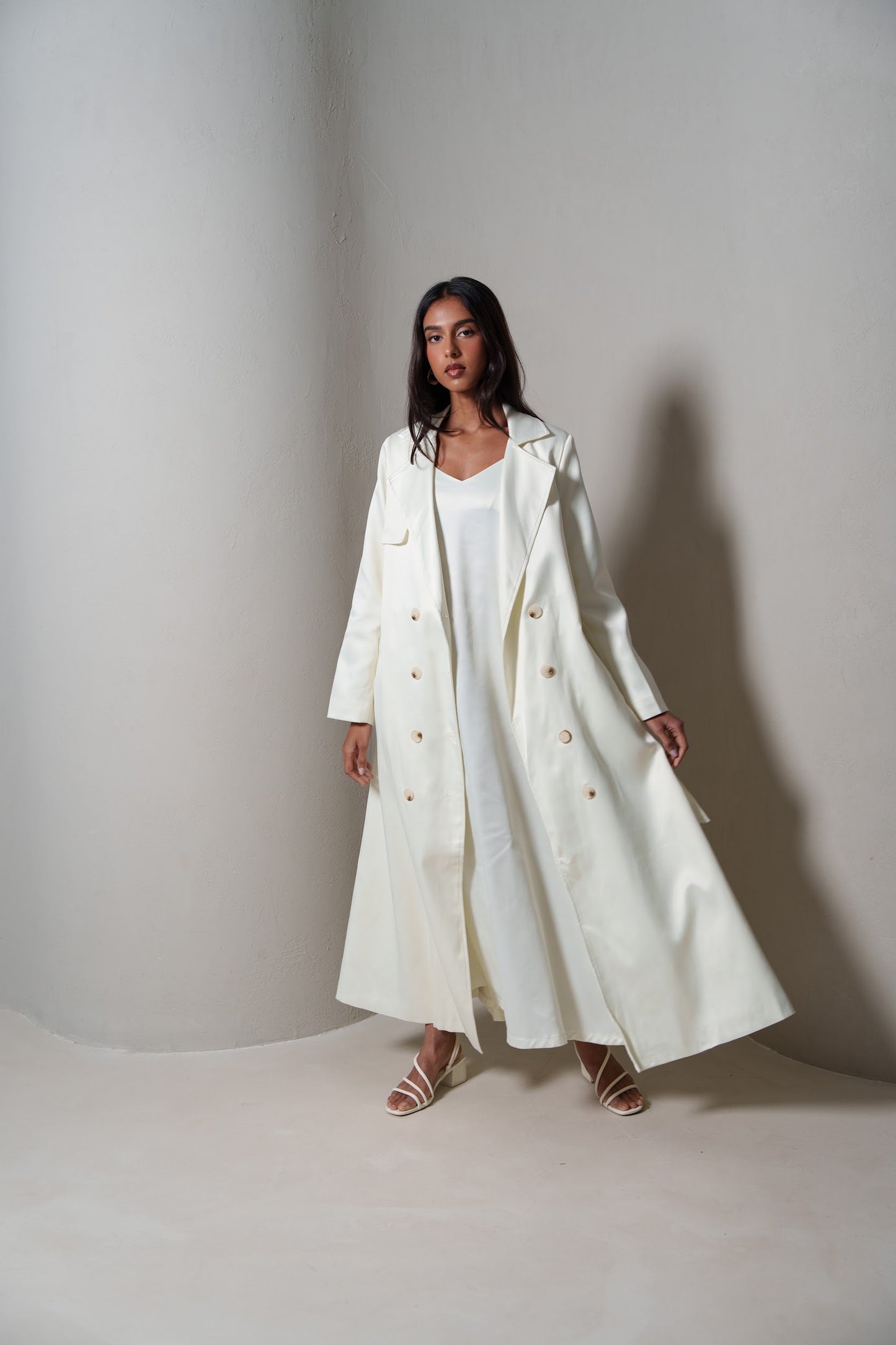Crème Silk Long Blazer/Trench Set
