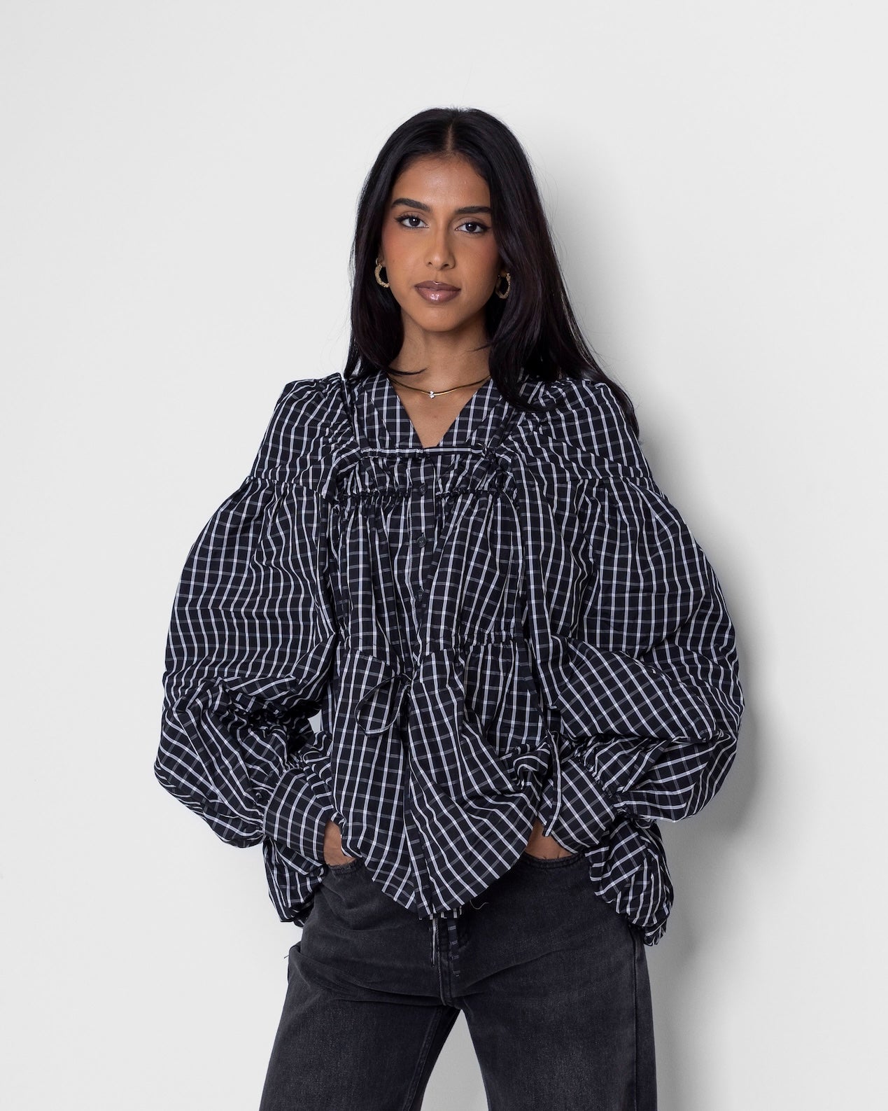 Checked Puff Blouse