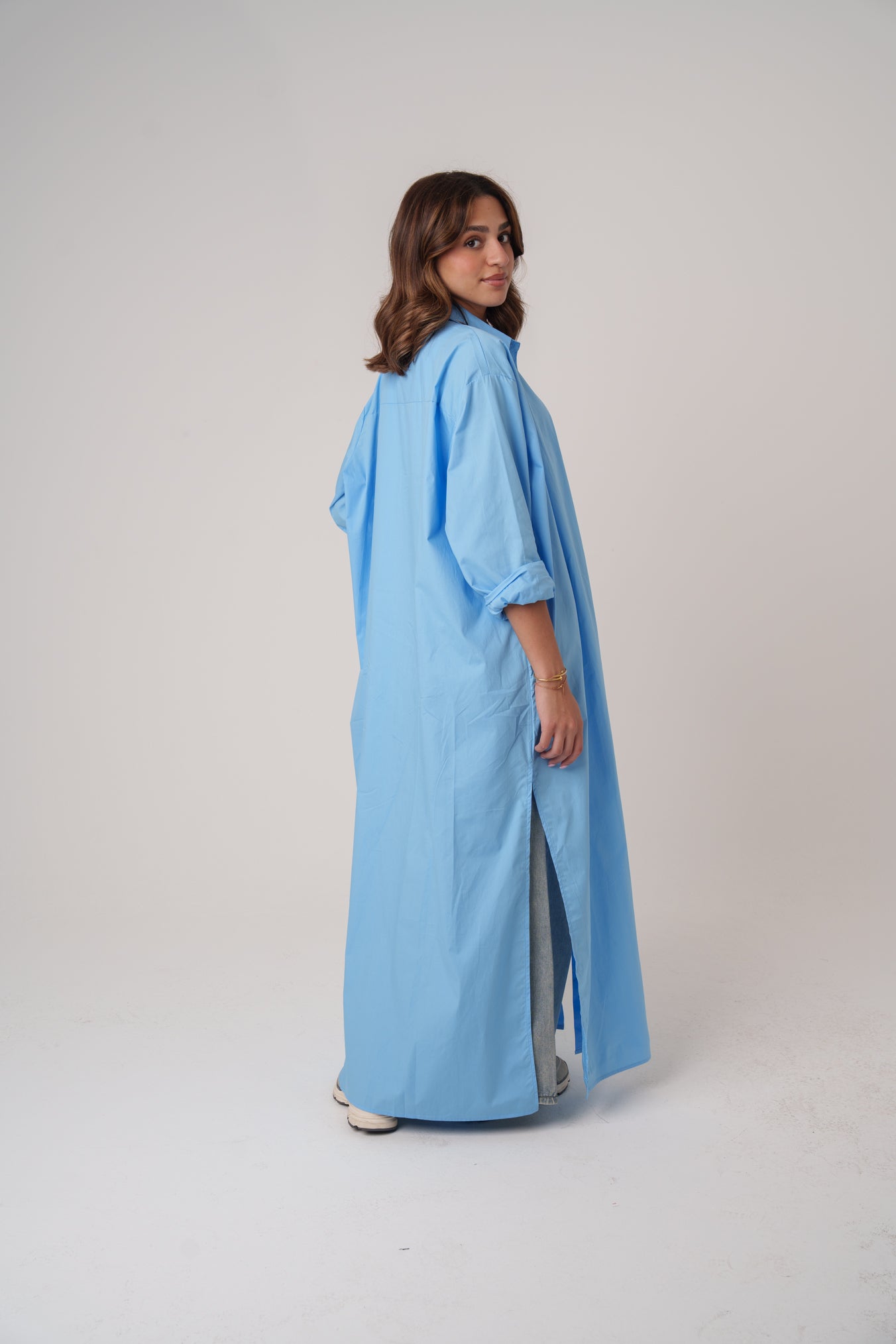 Long Poplin Blue Shirt with Slits
