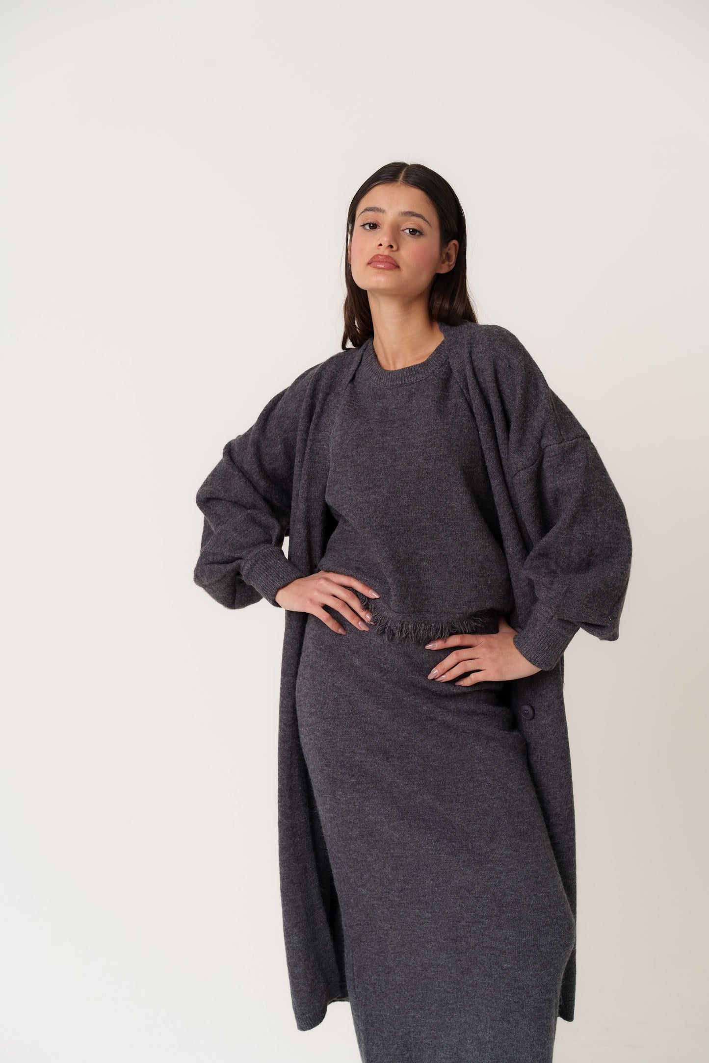 3 Piece Skirt Knit Set with Fringed Top