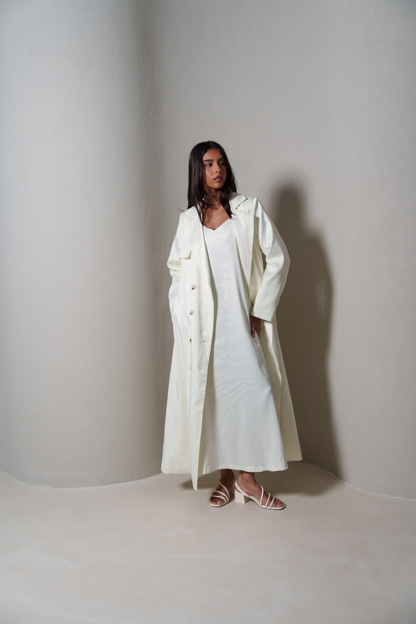 Crème Silk Long Blazer/Trench Set