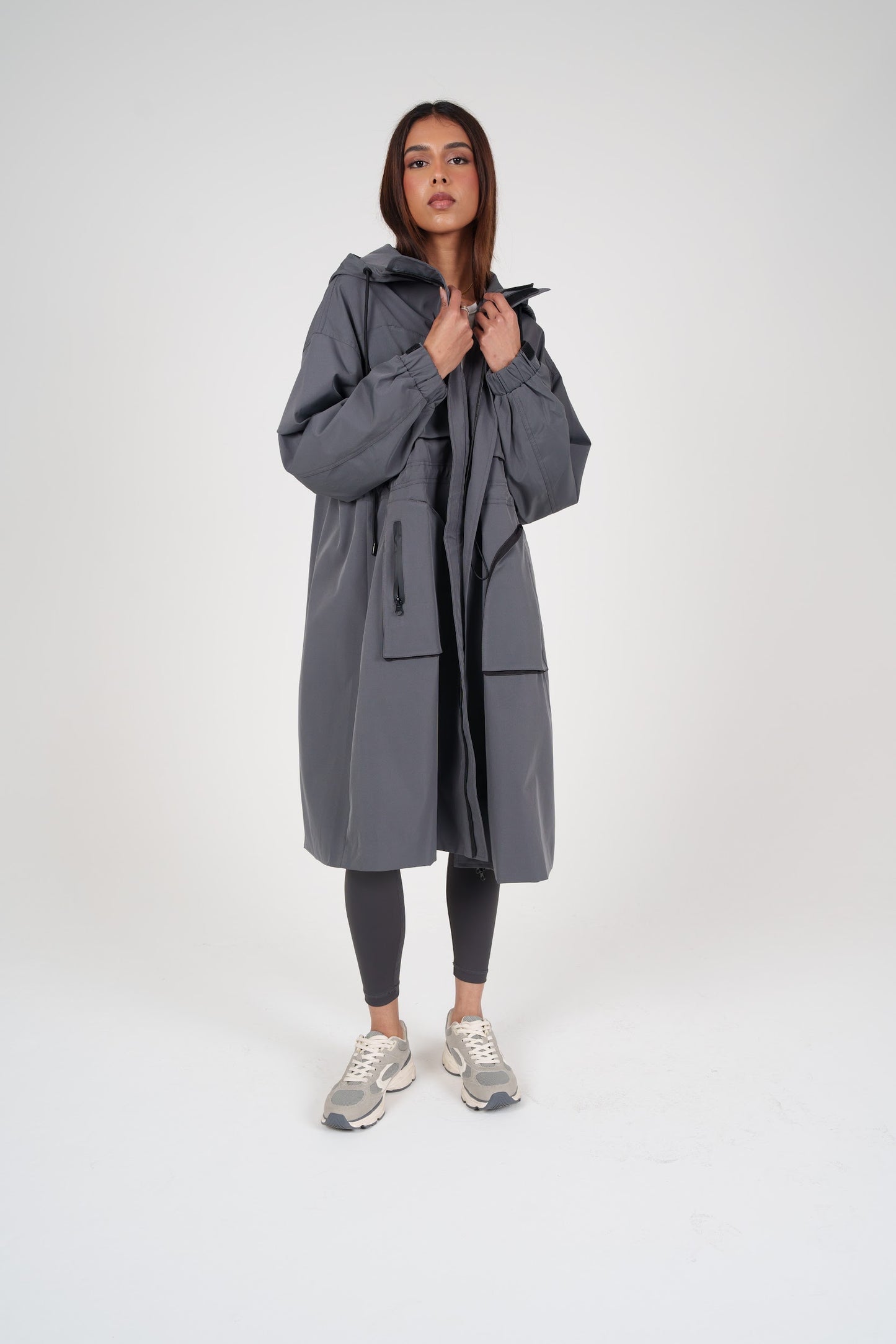 Long Grey Hooded Jacket with Pockets