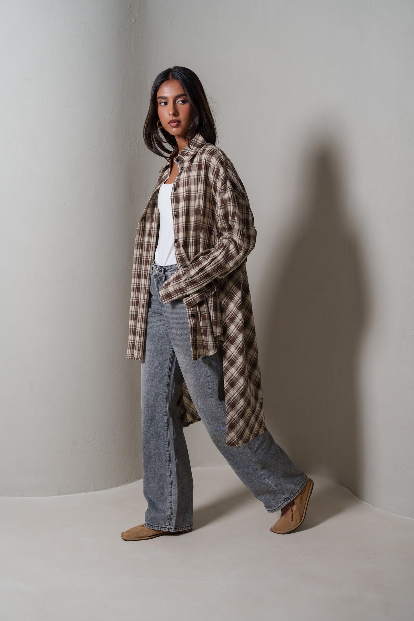Brown Plaid Asymmetrical Shirt