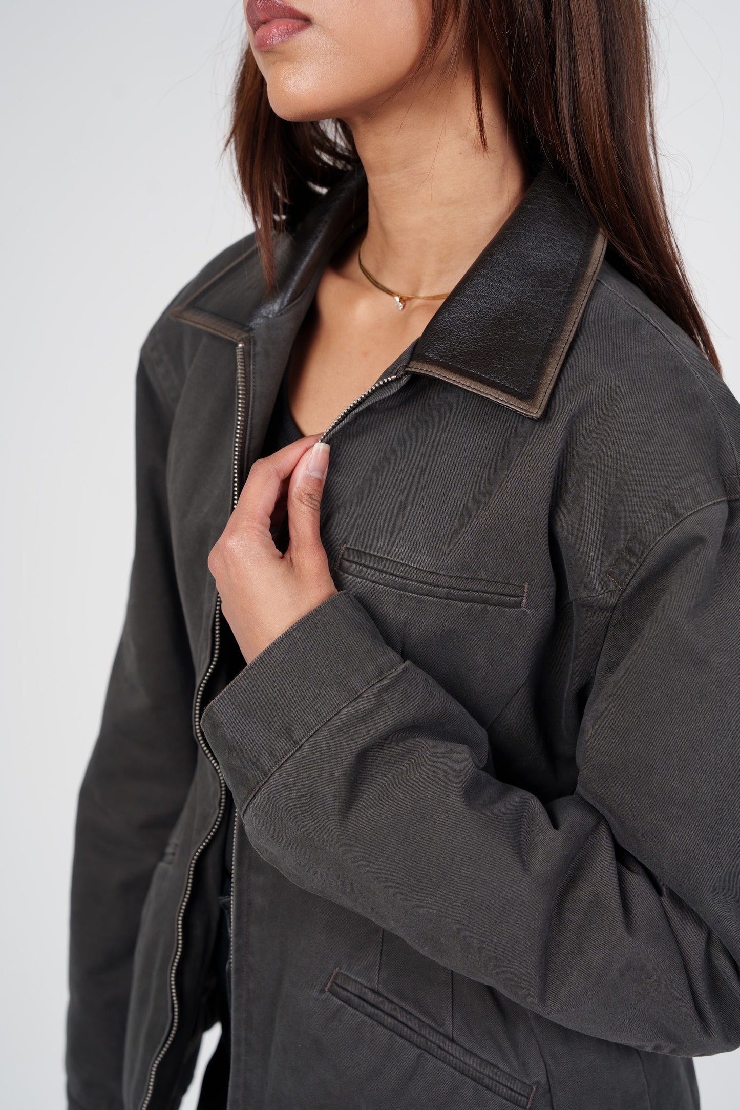 Double Zipper Cinched Denim Jacket