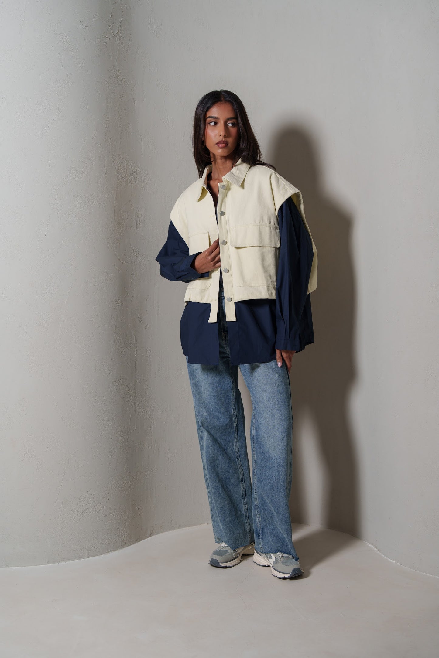 Navy & Pastel Yellow Colorblock Utility Jacket