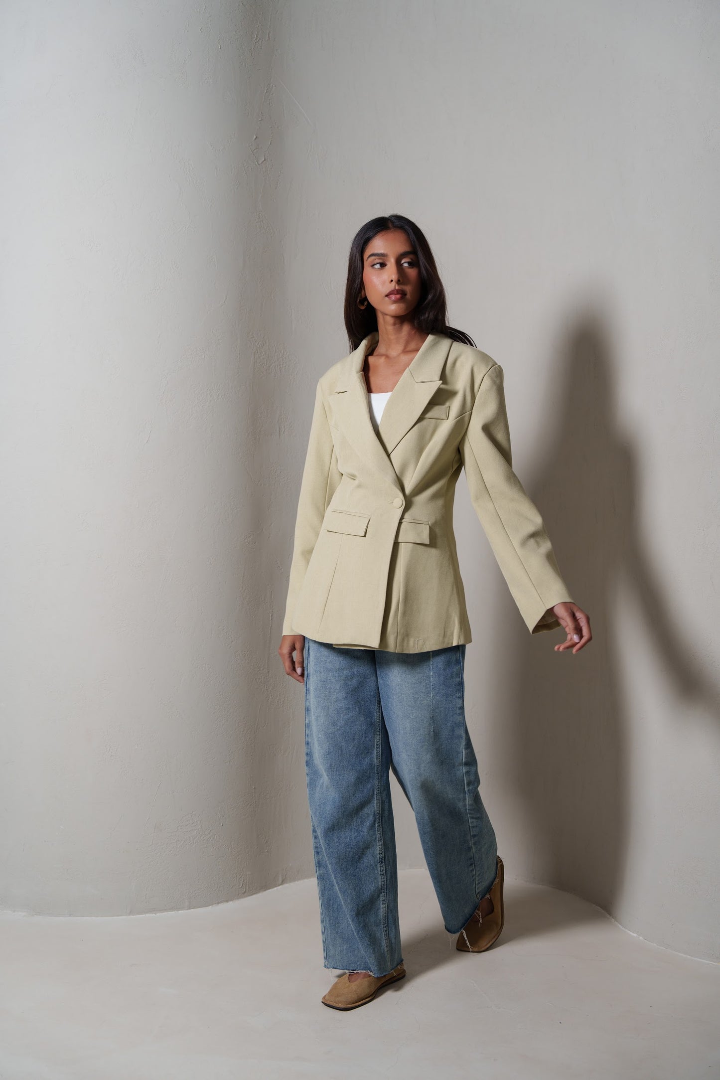 Beige Waisted Double Buttoned Blazer