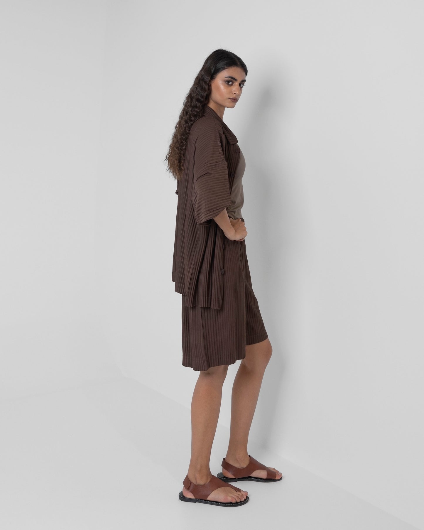 Brown Shorts & Short Sleeve Pleats Set