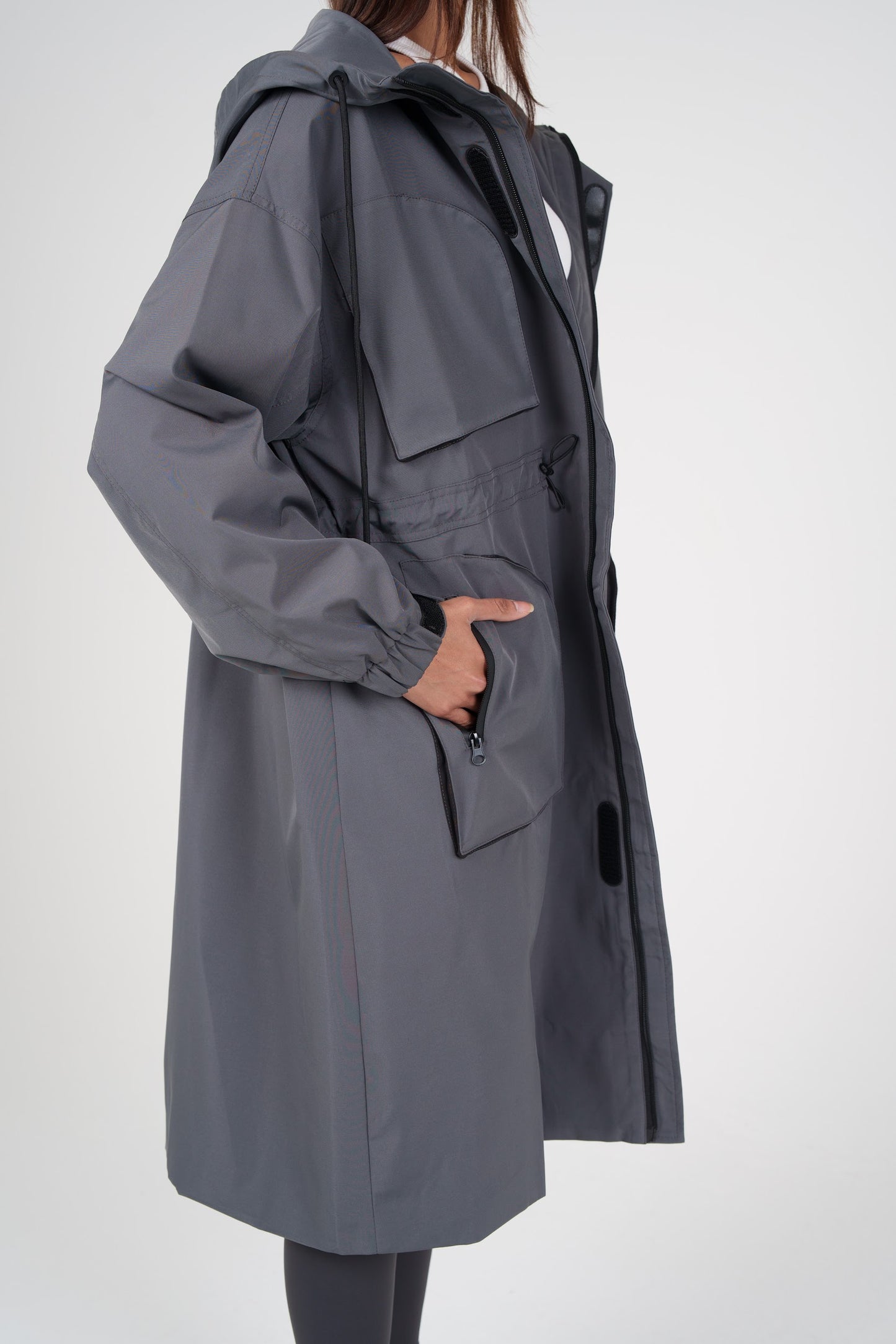 Long Grey Hooded Jacket with Pockets
