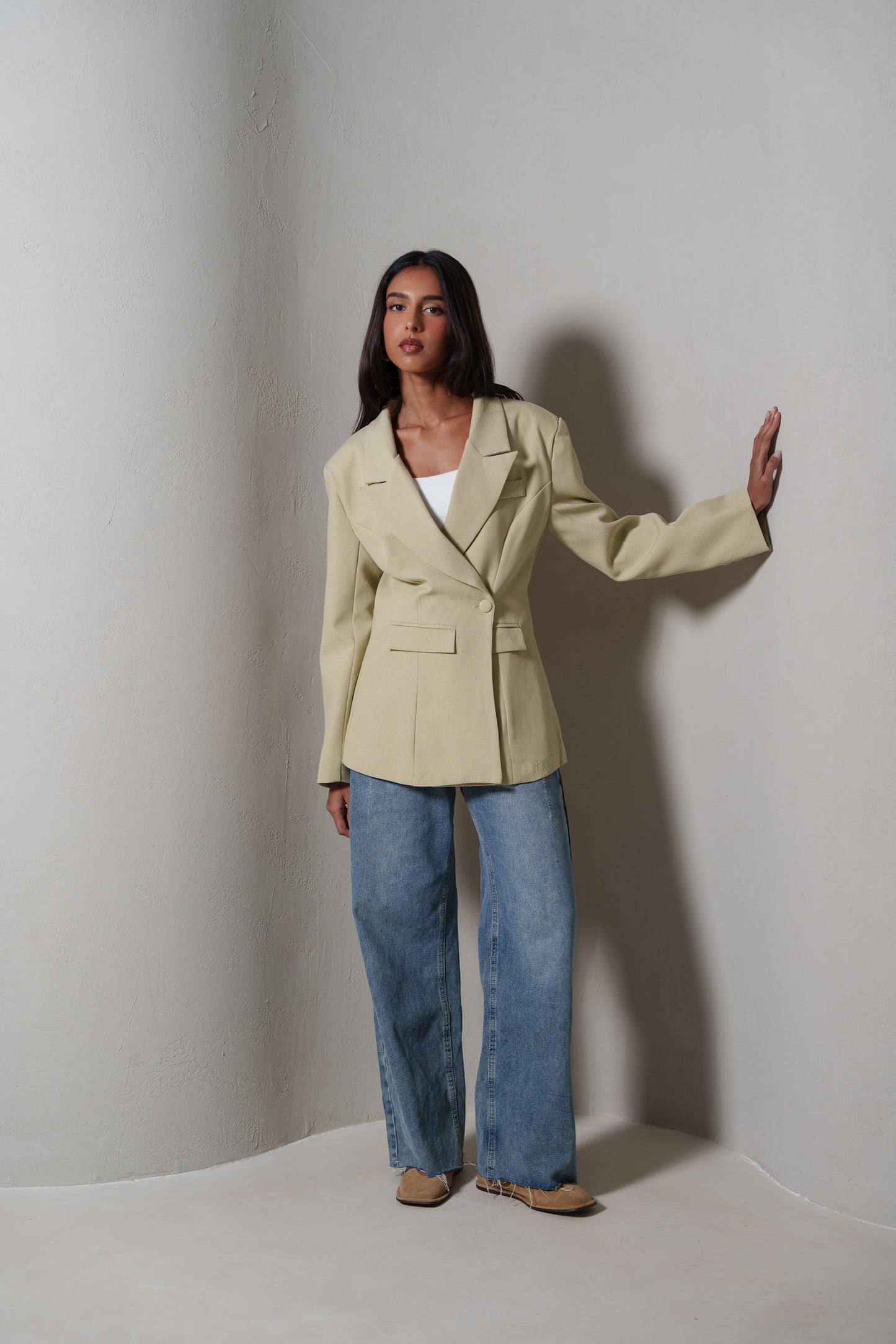 Beige Waisted Double Buttoned Blazer