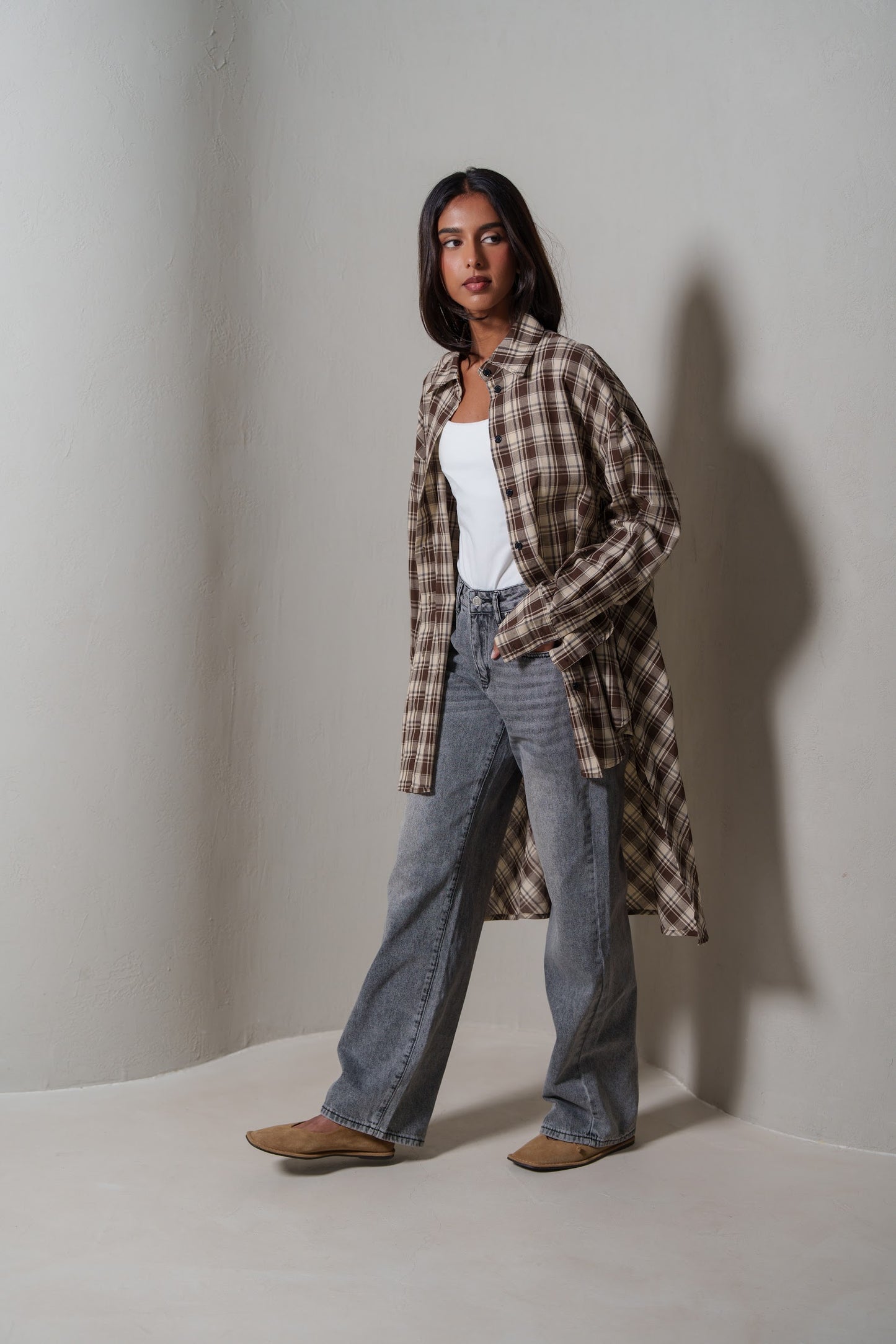Brown Plaid Asymmetrical Shirt