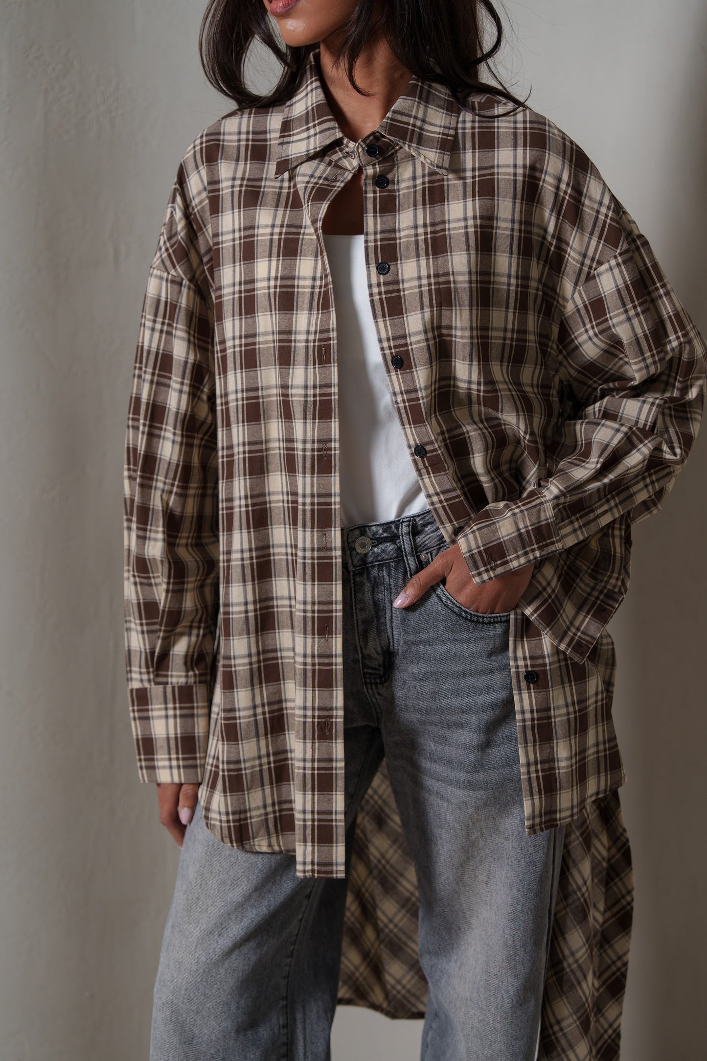 Brown Plaid Asymmetrical Shirt