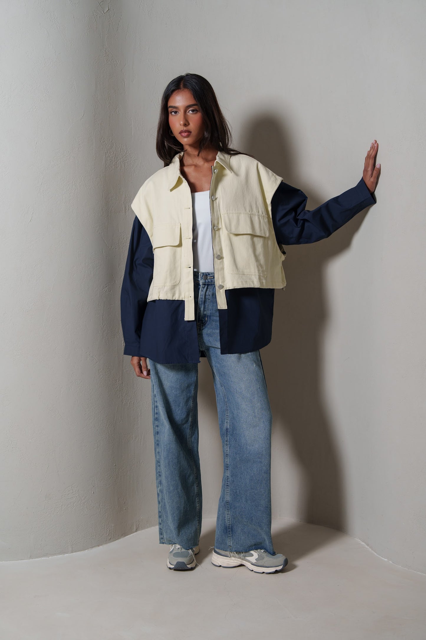 Navy & Pastel Yellow Colorblock Utility Jacket