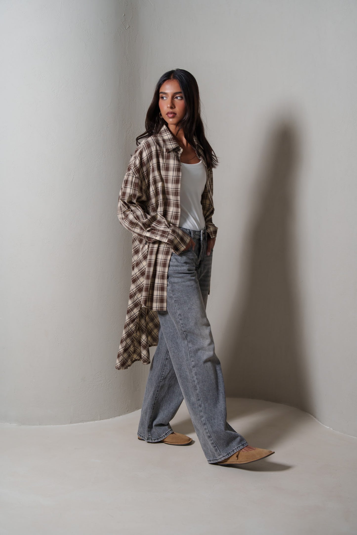 Brown Plaid Asymmetrical Shirt