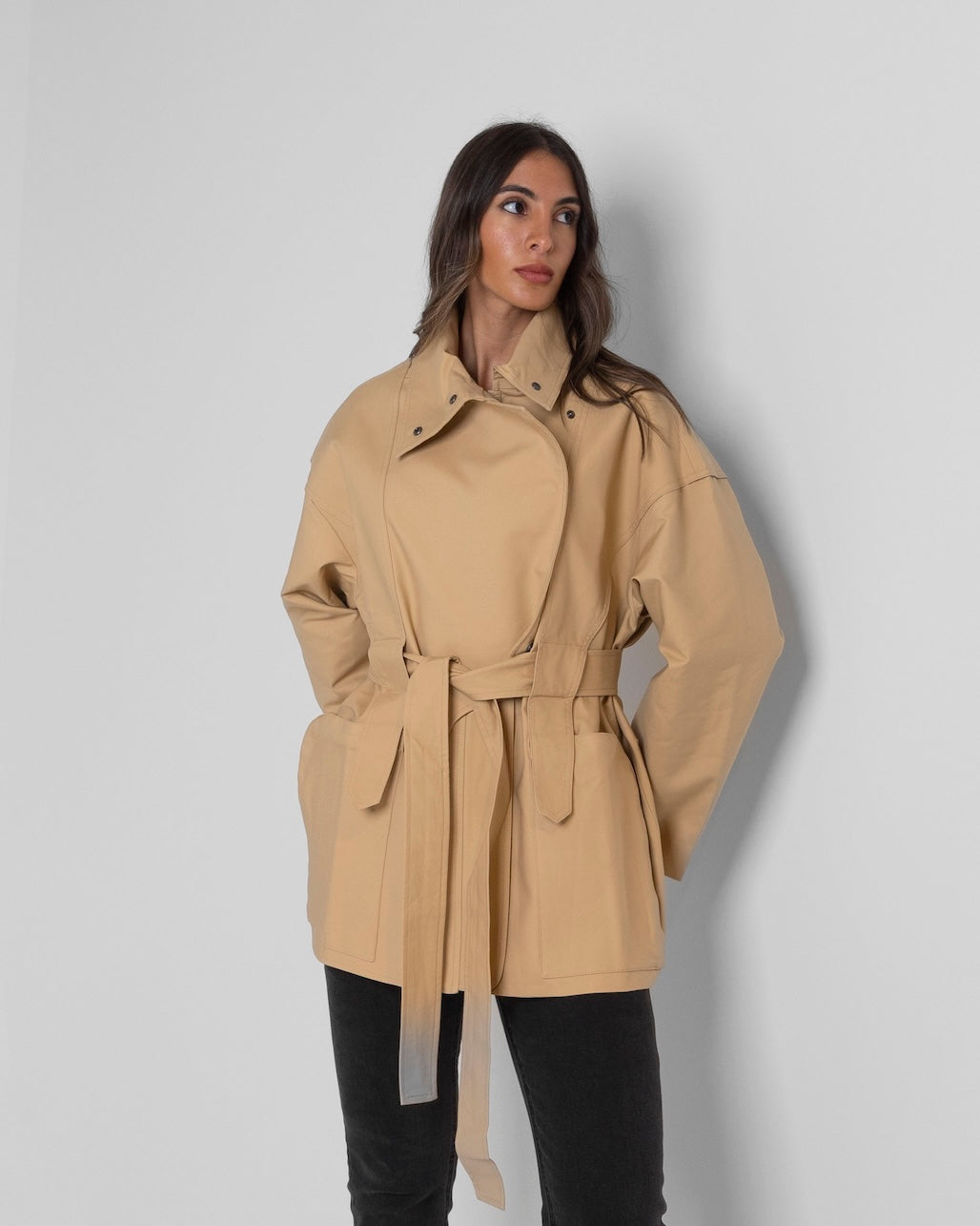 Beige Short Trench with Back Pockets