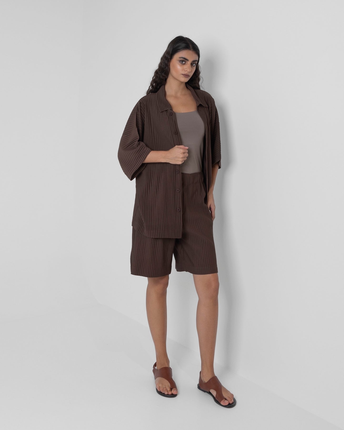 Brown Shorts & Short Sleeve Pleats Set