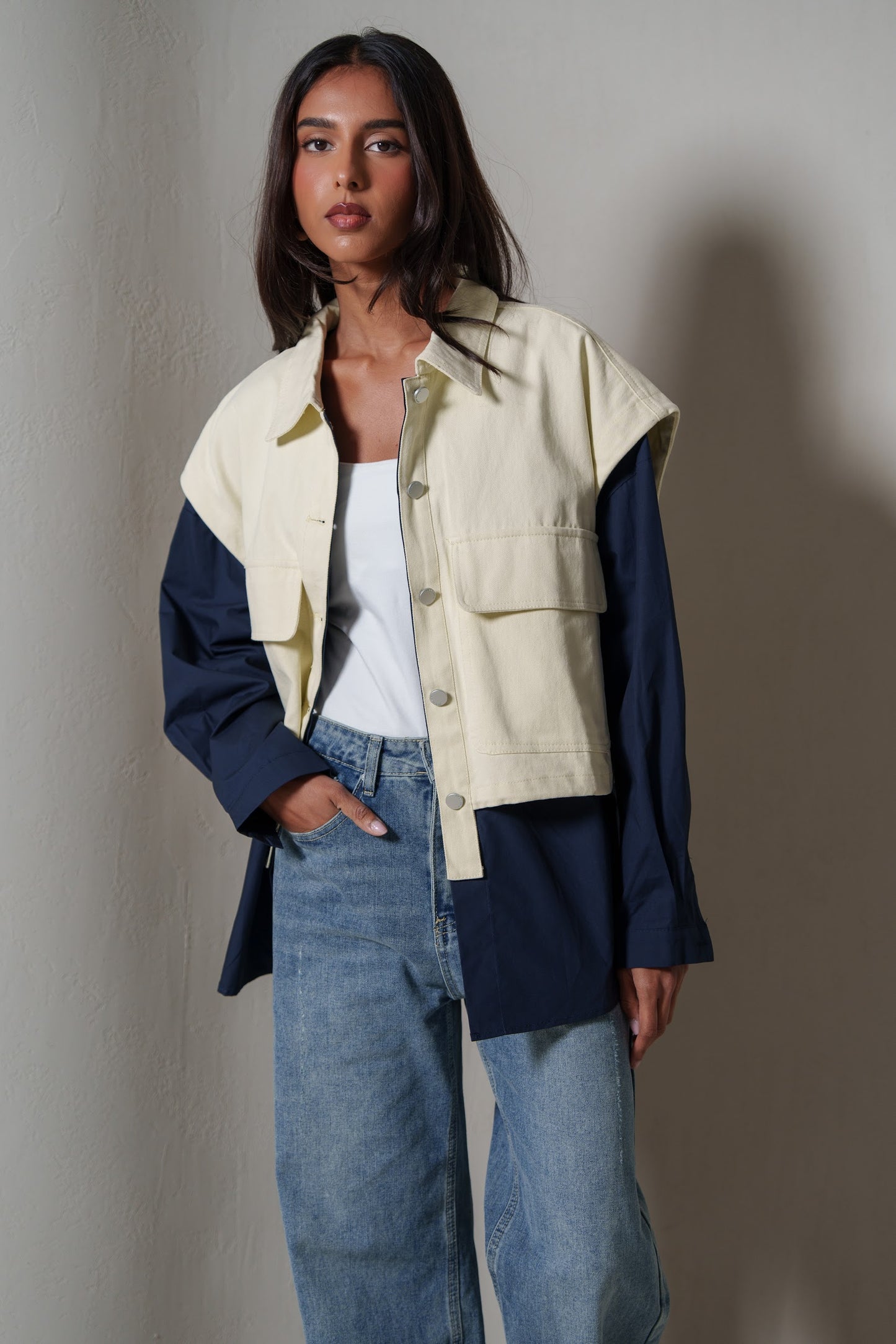 Navy & Pastel Yellow Colorblock Utility Jacket